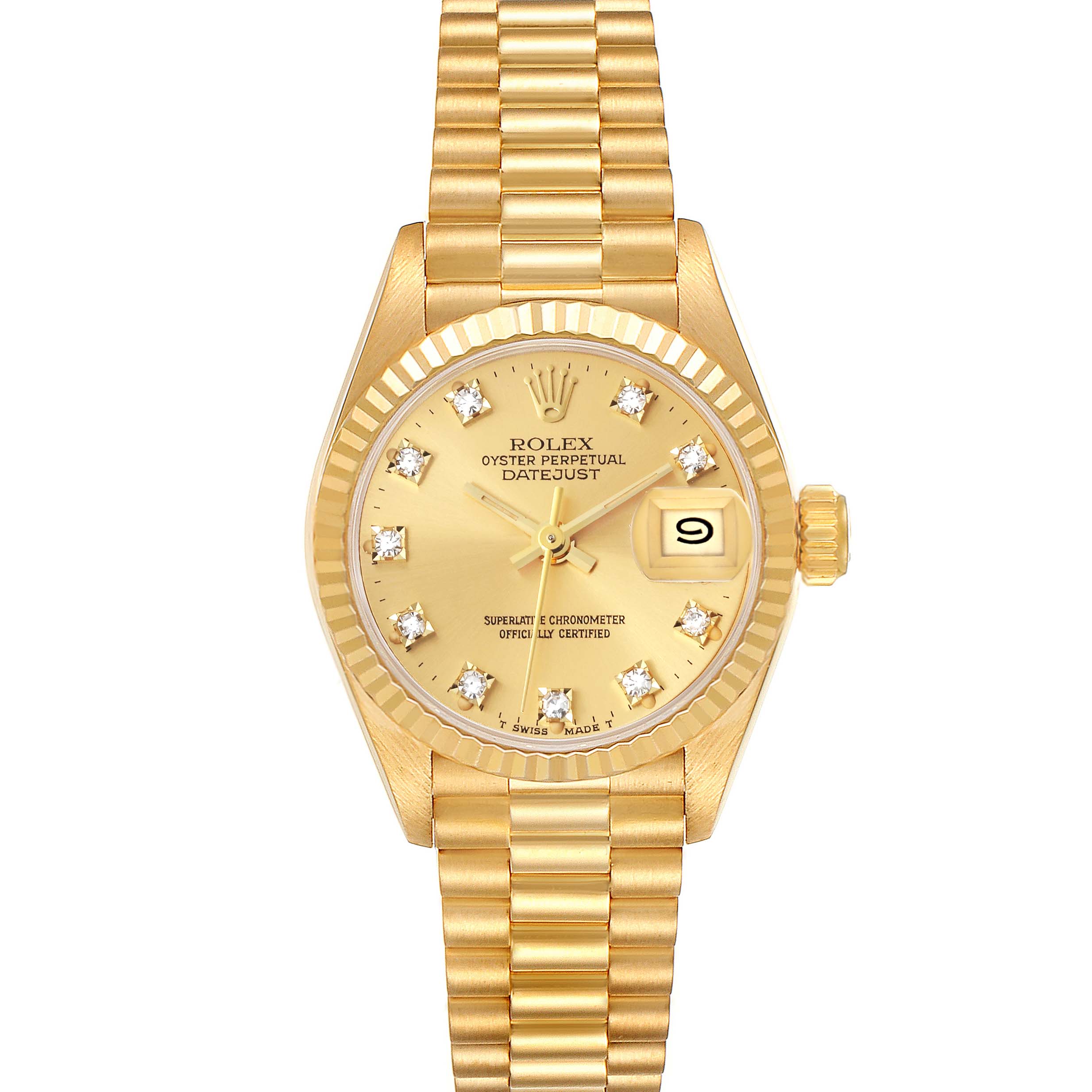The Rolex President 69178 Women's Yellow Gold Champagne Dial 69178 Women's Yellow Gold Champagne Dial model is shown from the front, highlighting the dial, bezel, and bracelet.