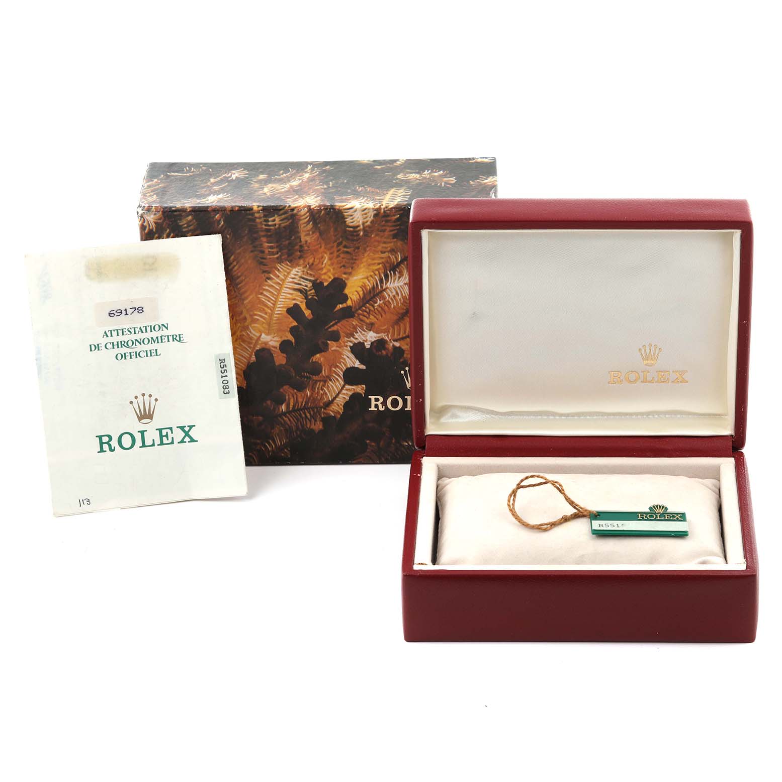 The image shows the packaging, manual, and tag for a Rolex President 69178 Women's Yellow Gold Champagne Dial 69178 Women's Yellow Gold Champagne Dial model watch.