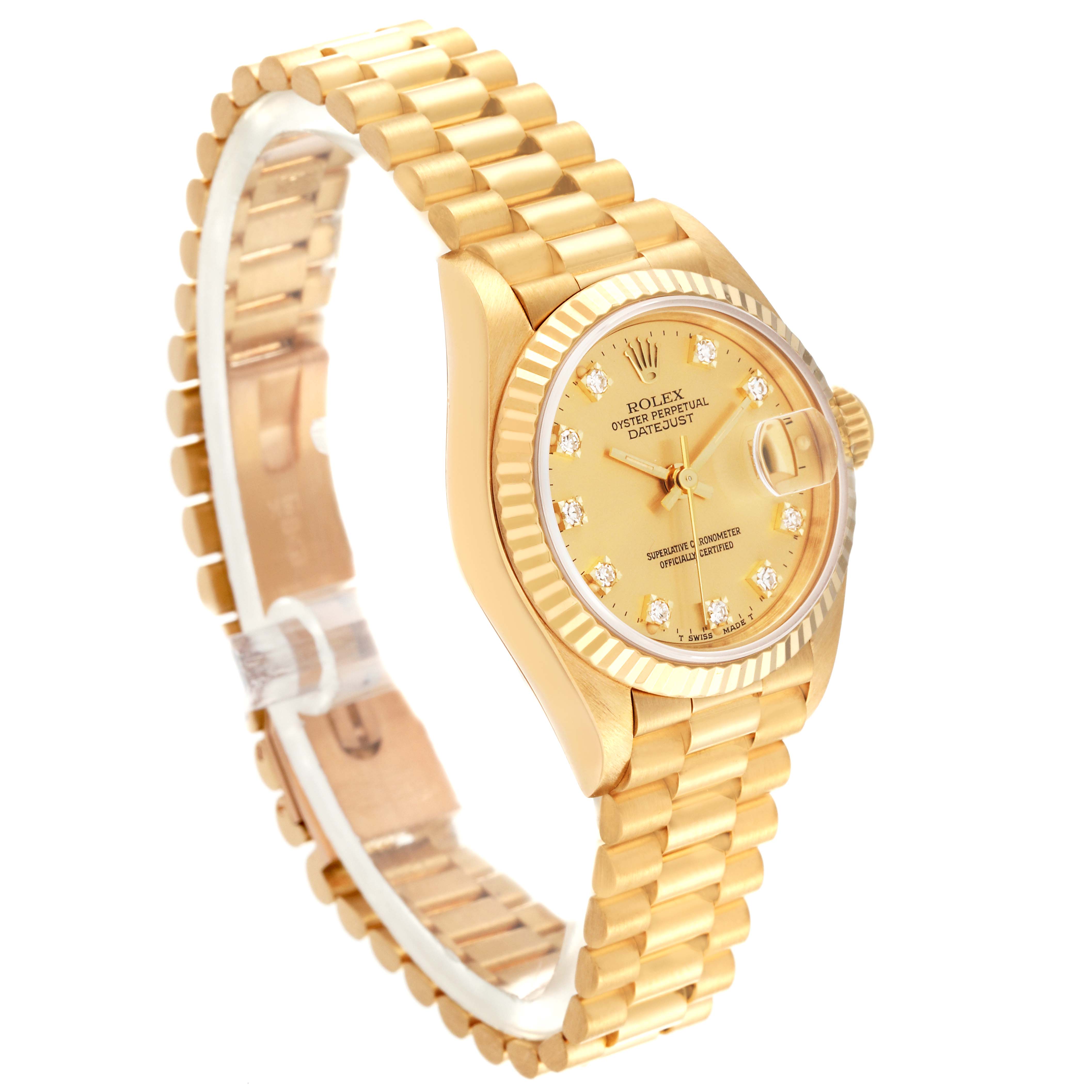 The Rolex President 69178 Women's Yellow Gold Champagne Dial 69178 Women's Yellow Gold Champagne Dial model is shown at an angled side view, displaying the dial, bezel, case, and bracelet.