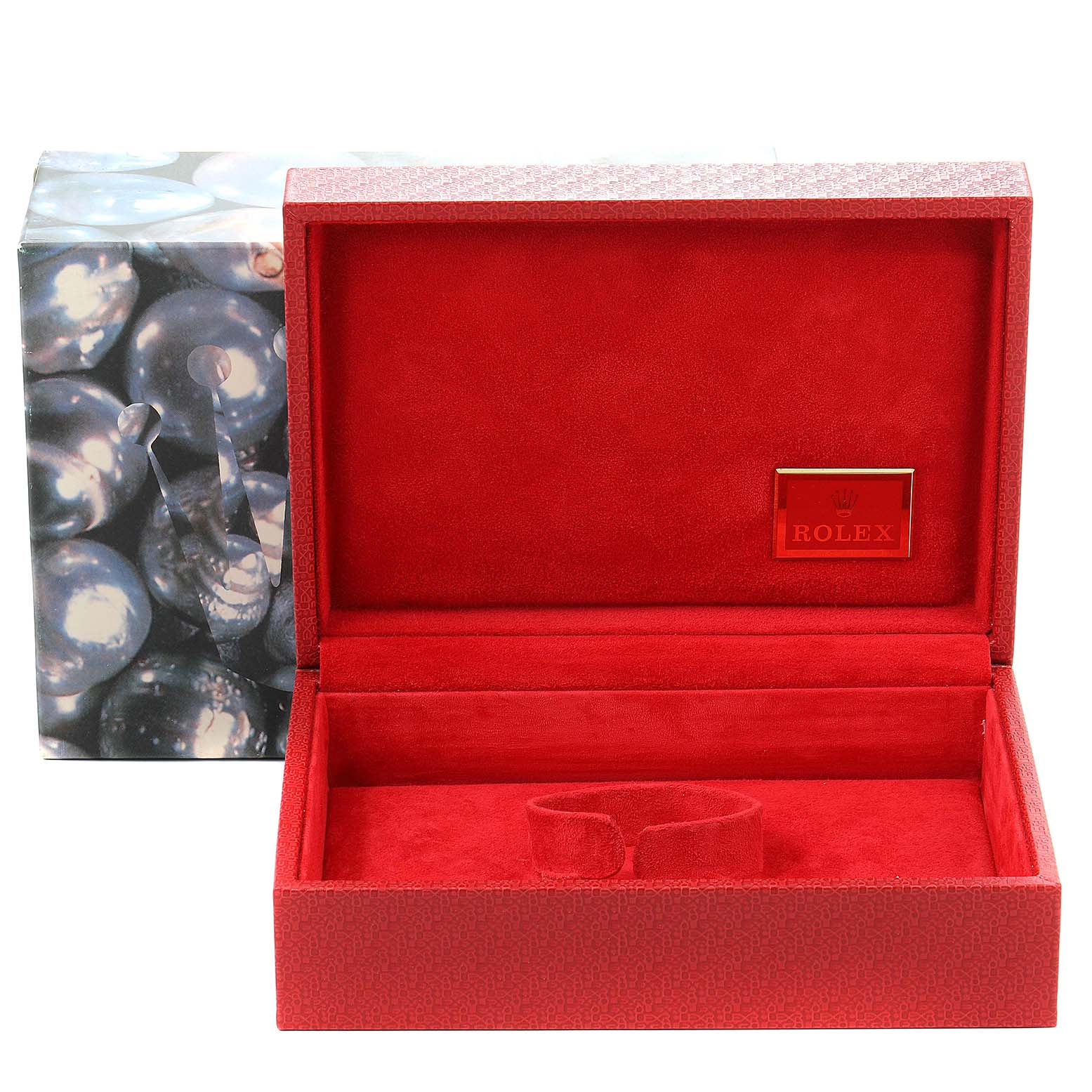 The image shows an open, red plush Rolex President 69138 Women
s Yellow Gold Champagne Dial 69138 Women
s Yellow Gold Champagne Dial watch box with compartments and a Rolex logo on the inside.