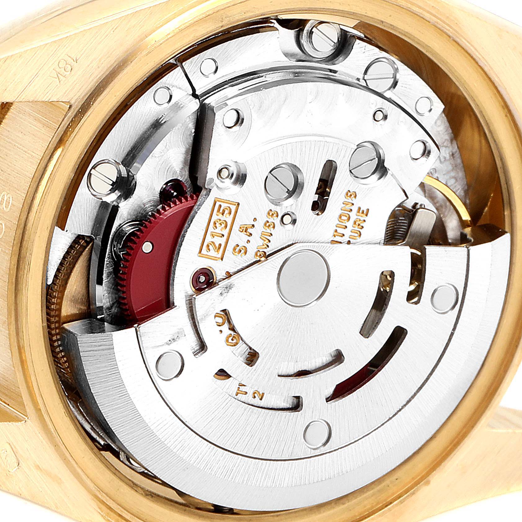 This close-up image displays the intricate movement mechanism of the Rolex President 69138 Women
s Yellow Gold Champagne Dial 69138 Women
s Yellow Gold Champagne Dial model watch.