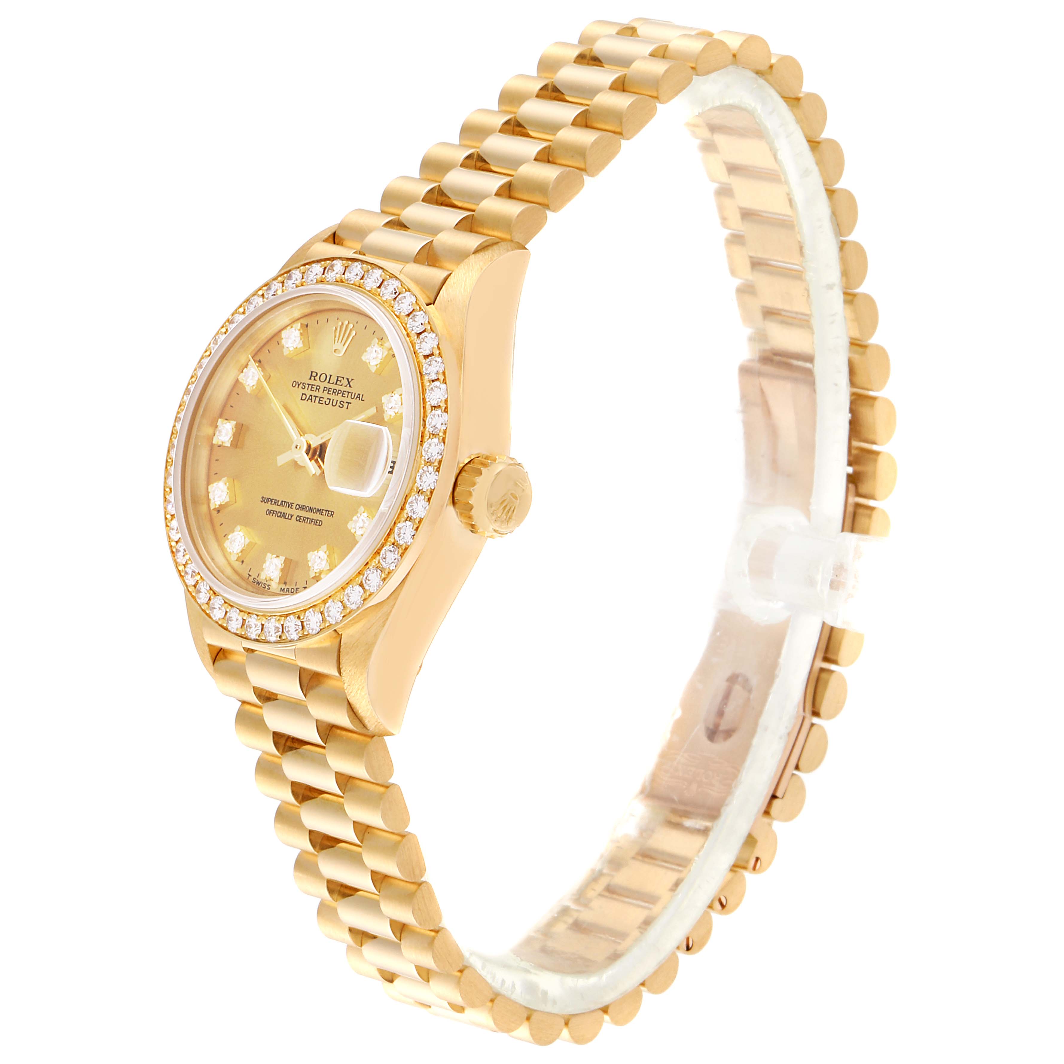 The image shows a Rolex President 69138 Women
s Yellow Gold Champagne Dial 69138 Women
s Yellow Gold Champagne Dial model watch from a side angle, highlighting its gold bracelet, bezel, crown, and face.