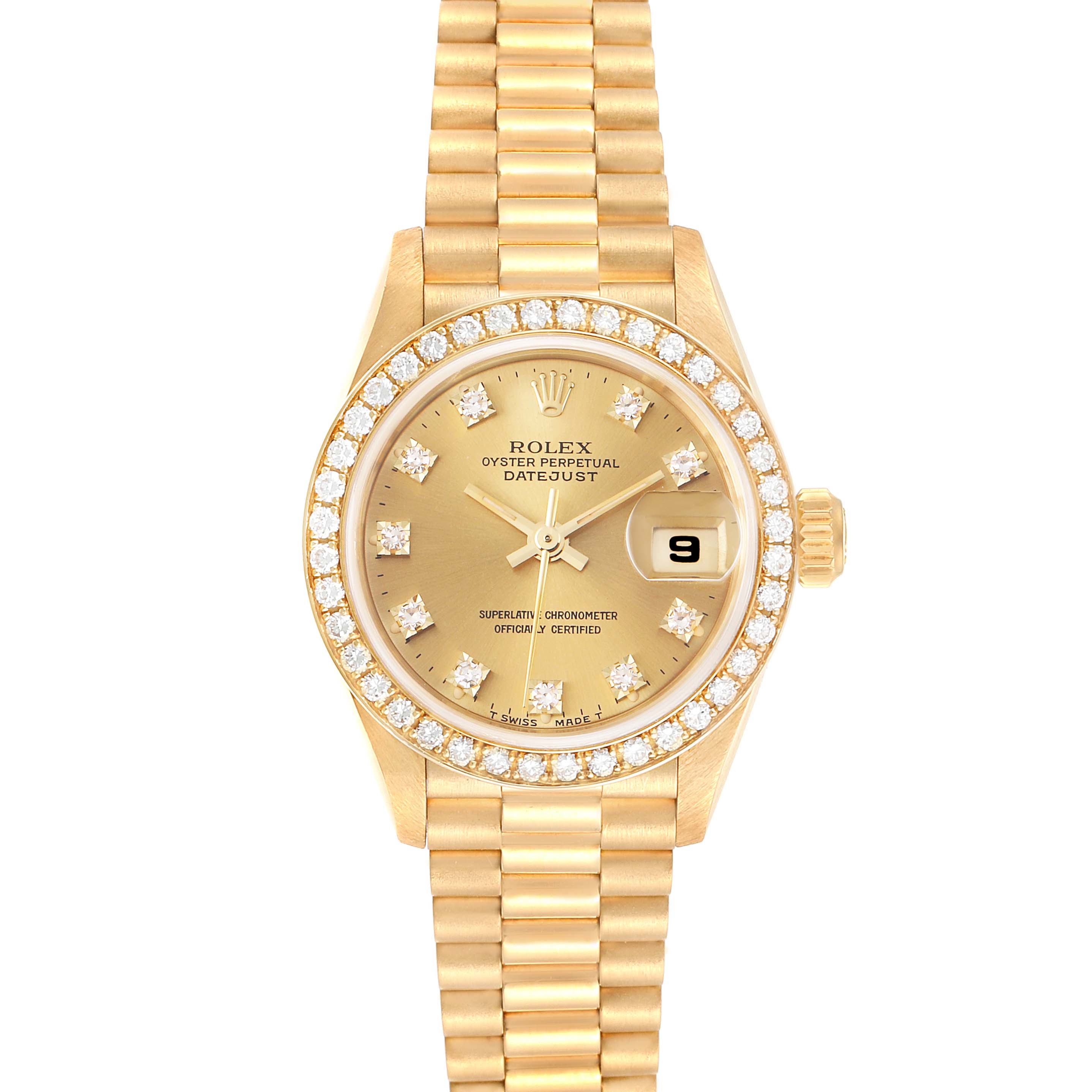 The image shows a frontal view of a Rolex President 69138 Women
s Yellow Gold Champagne Dial 69138 Women
s Yellow Gold Champagne Dial model watch, displaying the dial, bezel, crown, and bracelet.
