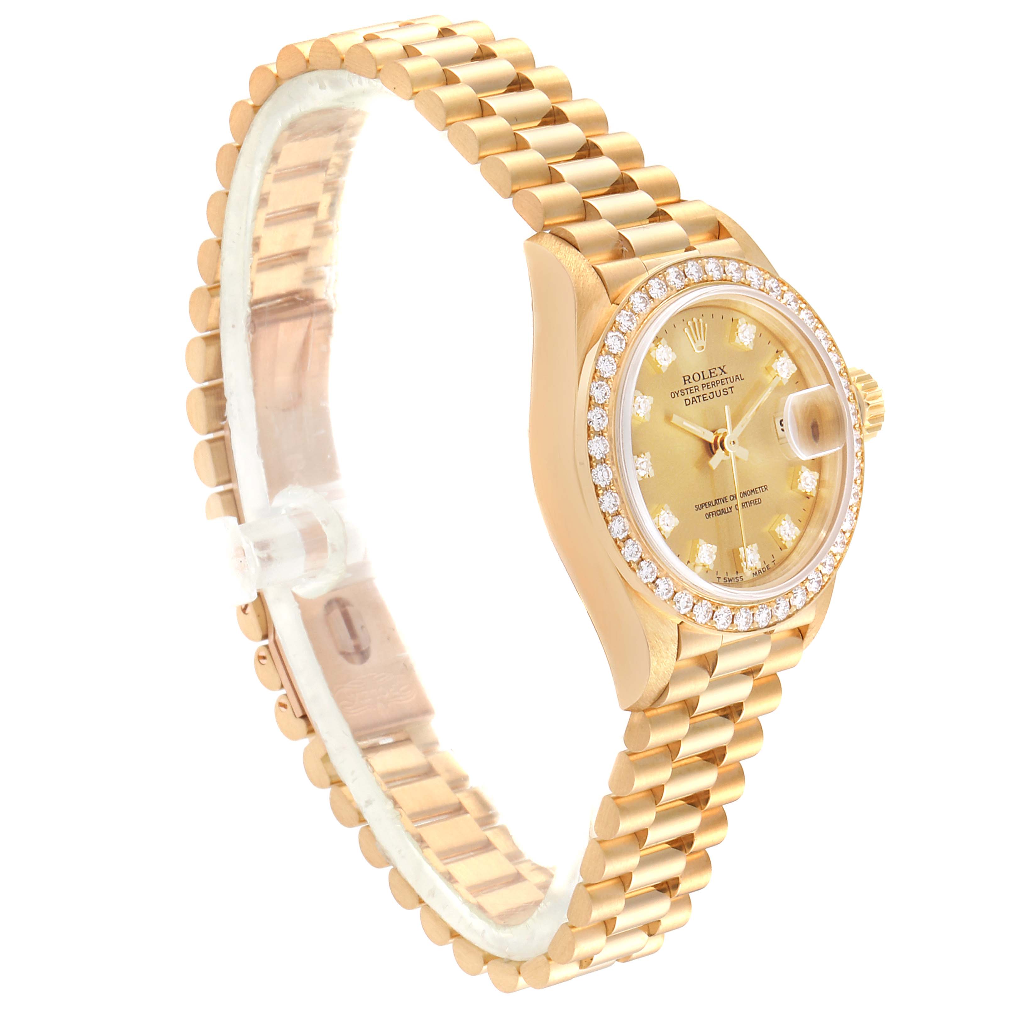 The image shows a Rolex President 69138 Women
s Yellow Gold Champagne Dial 69138 Women
s Yellow Gold Champagne Dial model watch from a front angled view, highlighting its gold case, diamond bezel, and President bracelet.