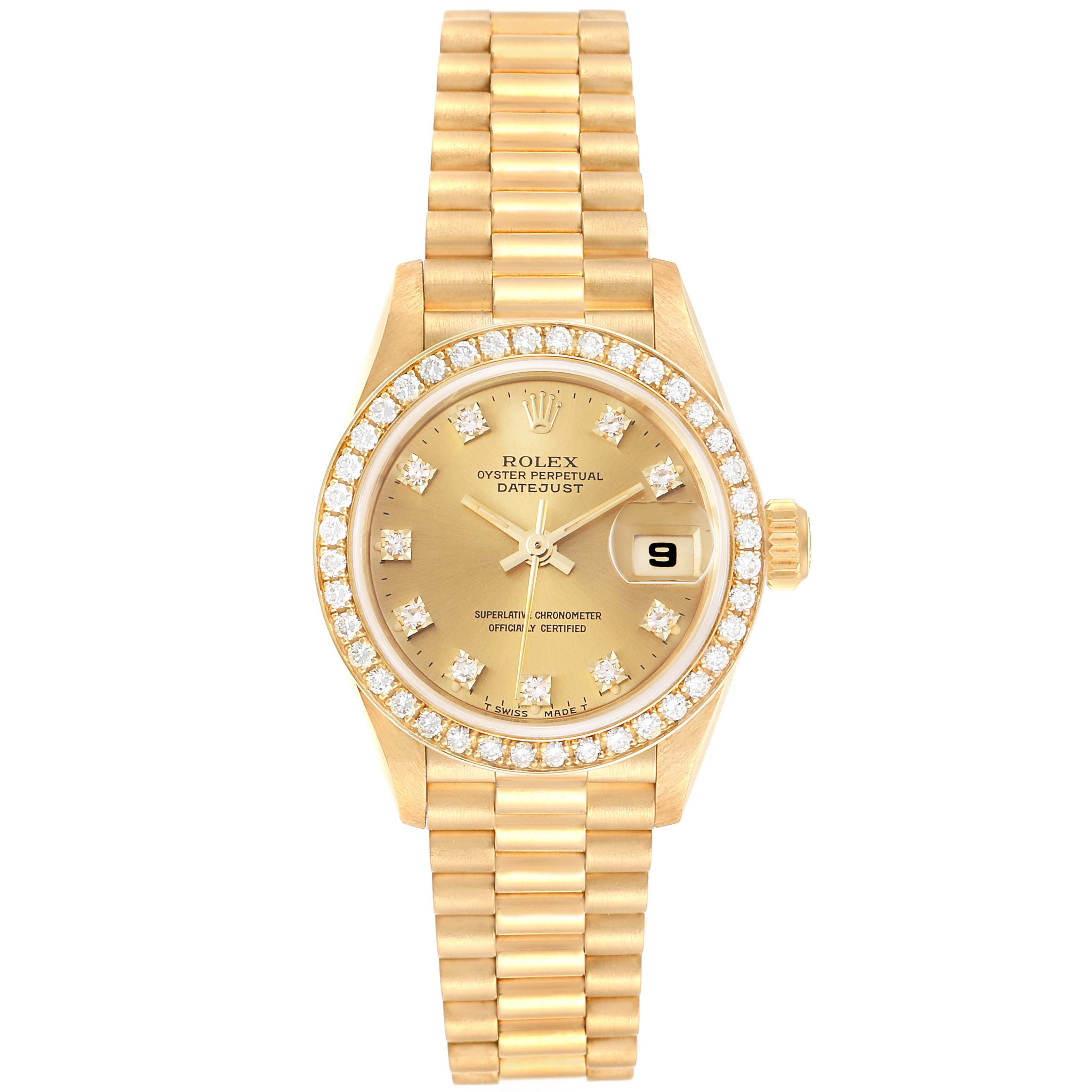 This Rolex President 69138 Women
s Yellow Gold Champagne Dial 69138 Women
s Yellow Gold Champagne Dial model watch is shown from a top-down angle, displaying its gold band, diamond-encrusted bezel, dial, and date window.