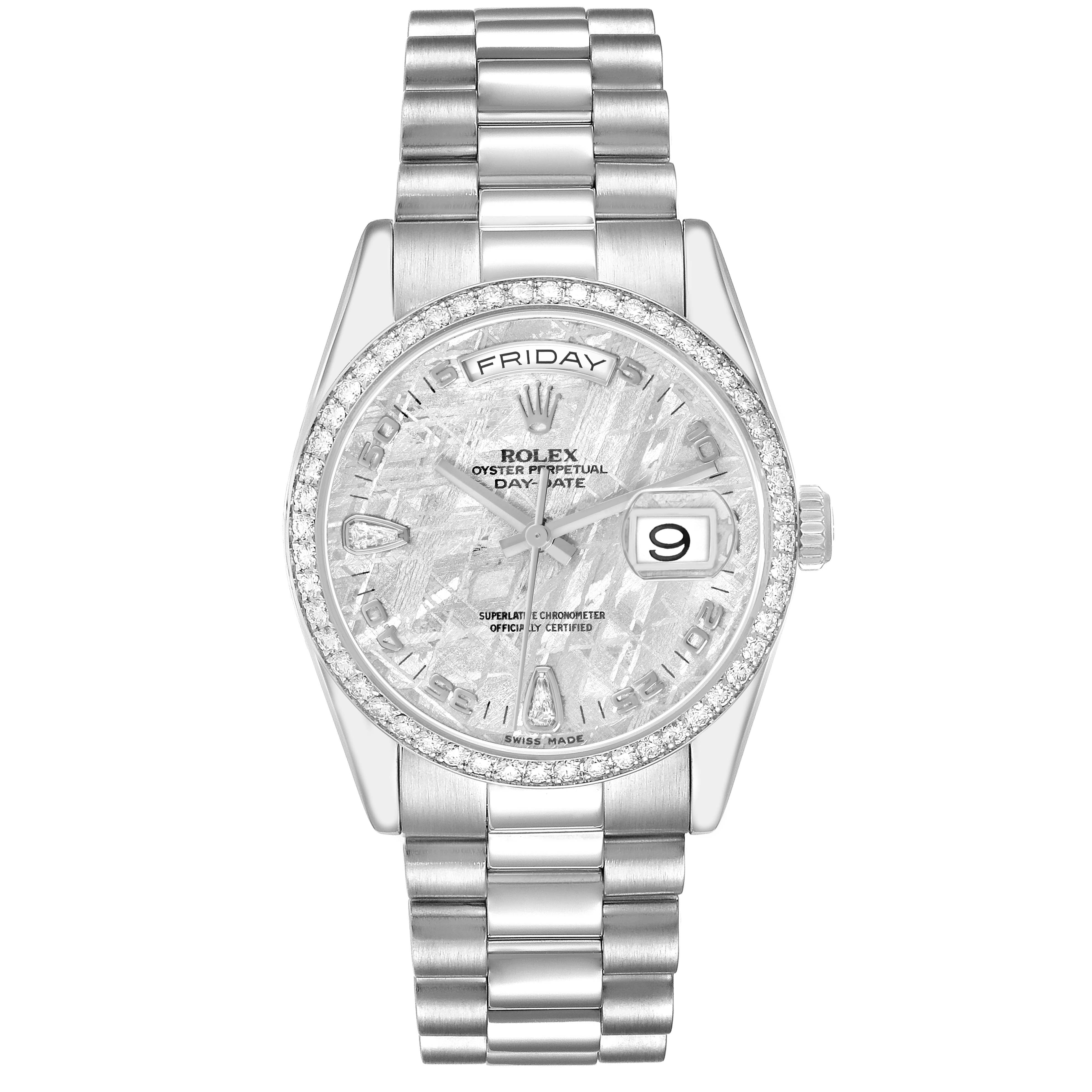 The Rolex President 118346 Men
s Platinum Silver Dial model is shown from a top-down angle, displaying the face, bracelet, bezel, and crown.