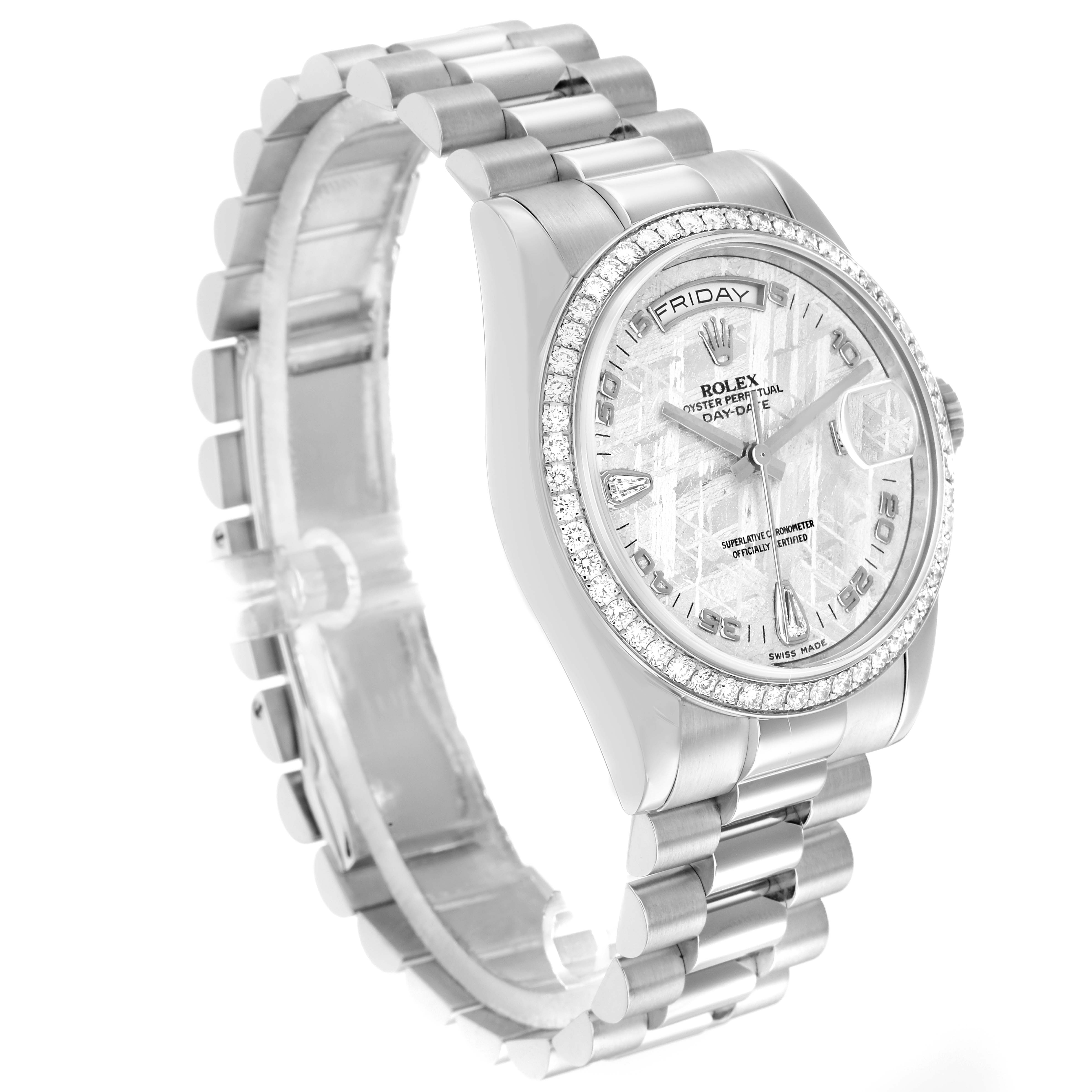 The Rolex President 118346 Men
s Platinum Silver Dial watch is shown at a slight angle highlighting the face, bezel, and bracelet.