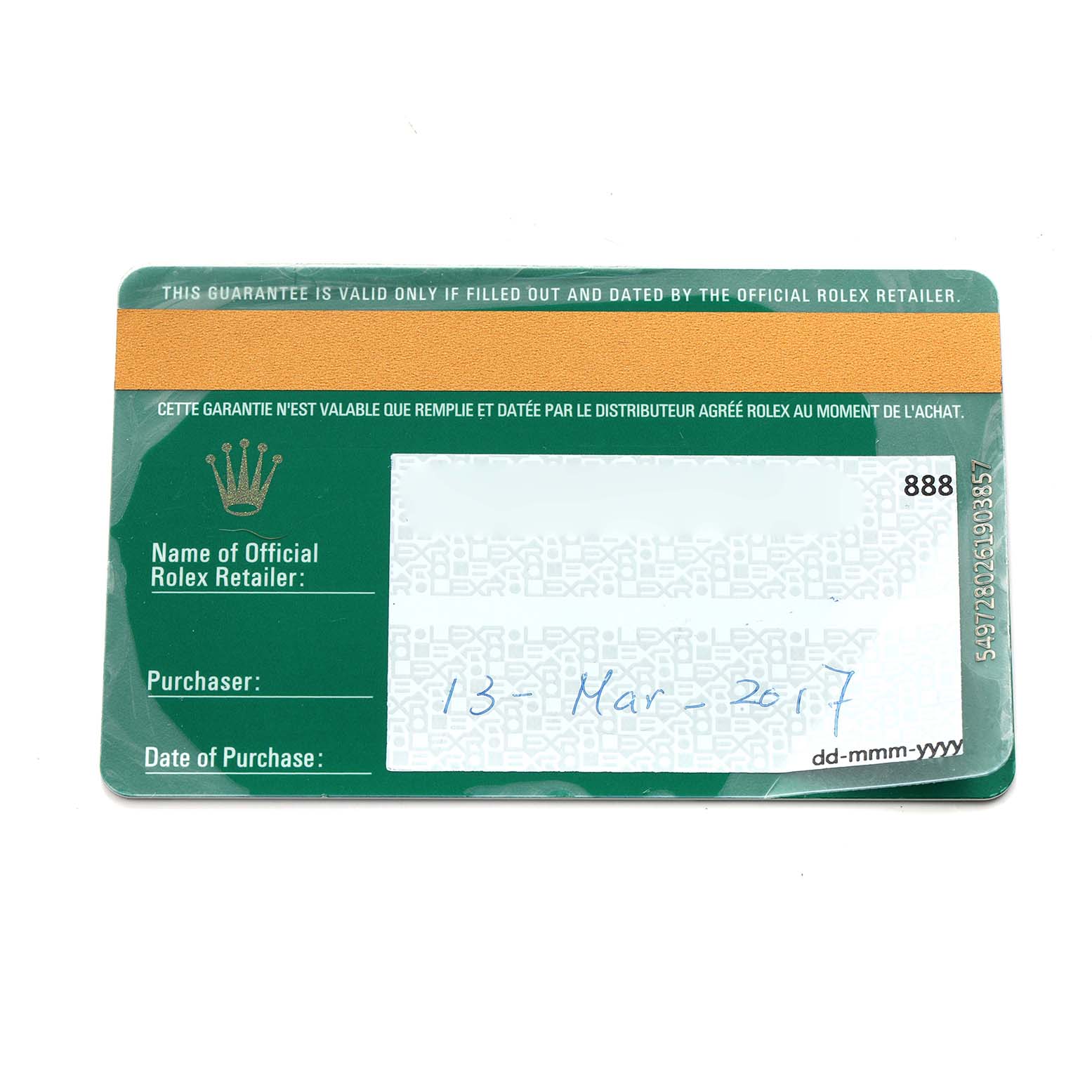 The image shows a warranty card for the Rolex President 118346 Men
s Platinum Silver Dial model, displaying purchase details.