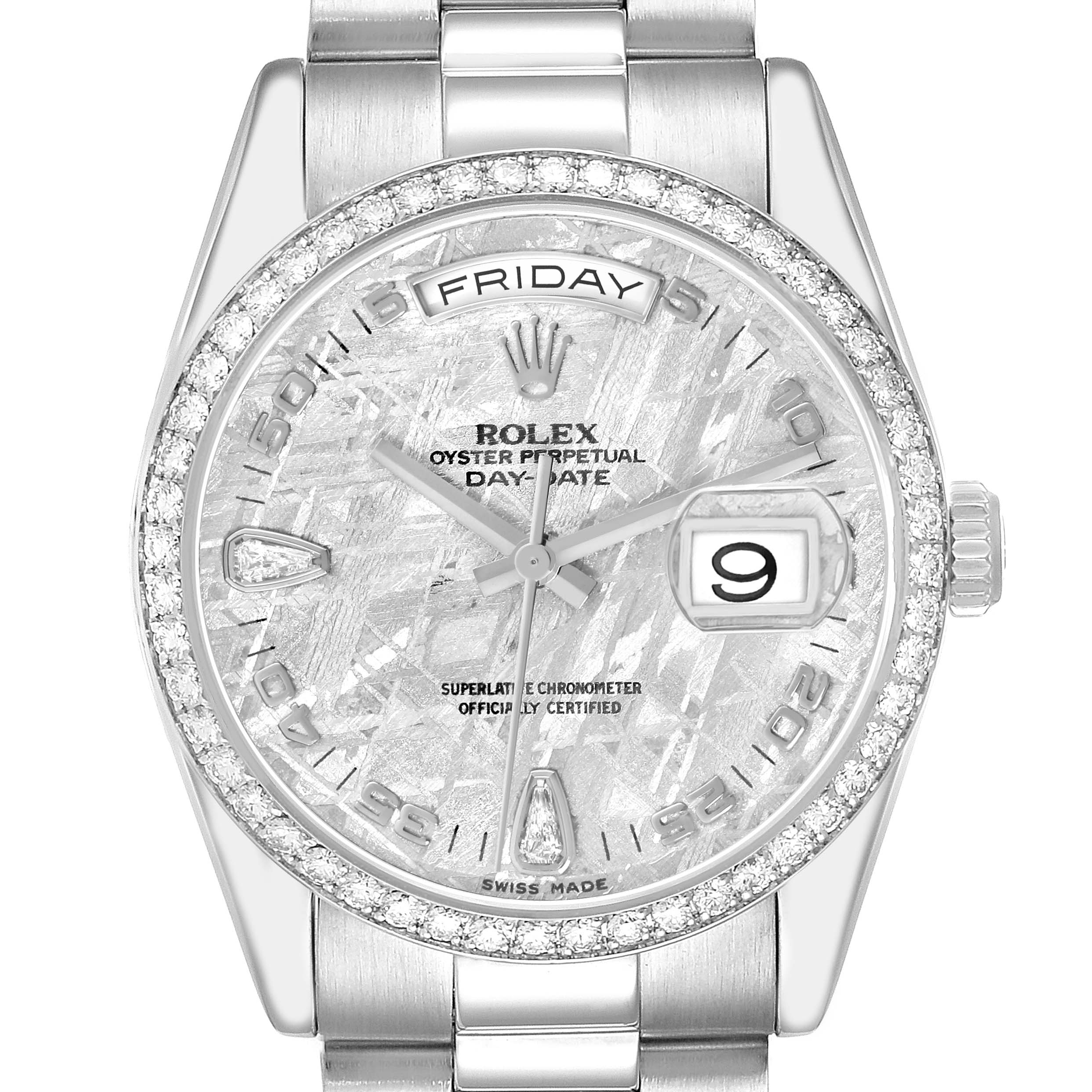 The Rolex President 118346 Men
s Platinum Silver Dial model is shown from the front, highlighting the dial, bezel, day-date feature, and part of the bracelet.