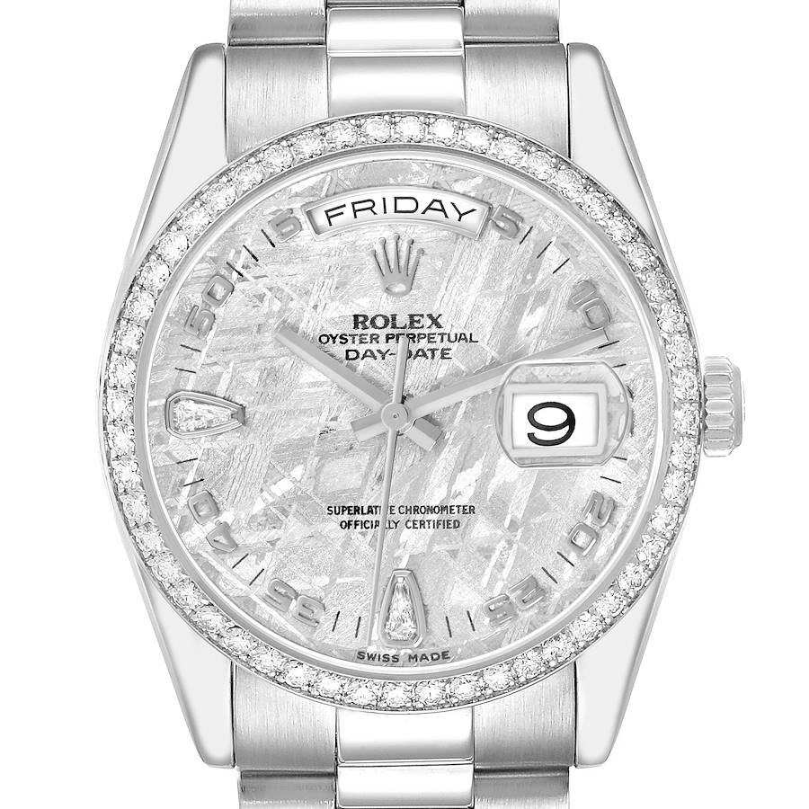 The Rolex President 118346 Men's Platinum Silver Dial model is shown from the front, highlighting the dial, bezel, day-date feature, and part of the bracelet.