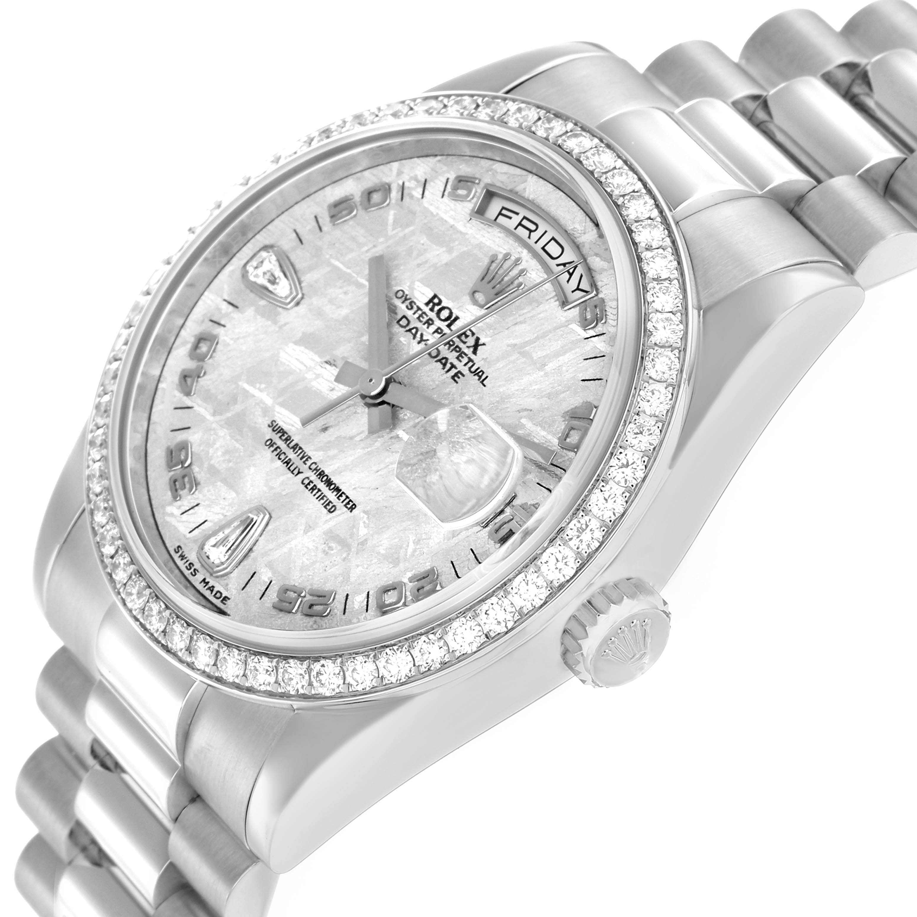 The Rolex President 118346 Men
s Platinum Silver Dial model watch is shown from a three-quarter angle, displaying the bracelet, bezel, dial, and crown.