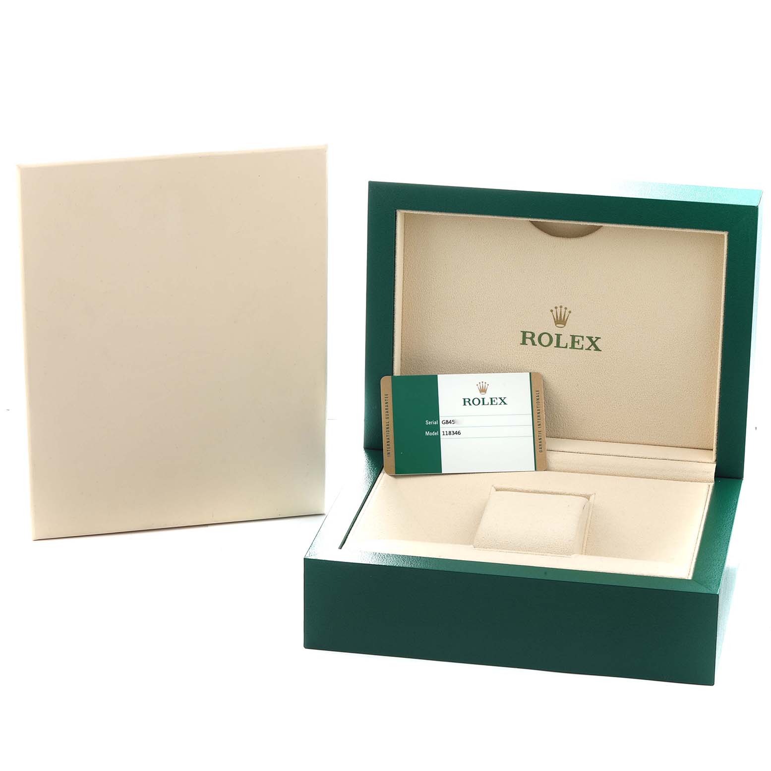 The image shows a Rolex President 118346 Men
s Platinum Silver Dial model box with a cushion and warranty card, angled from the front.