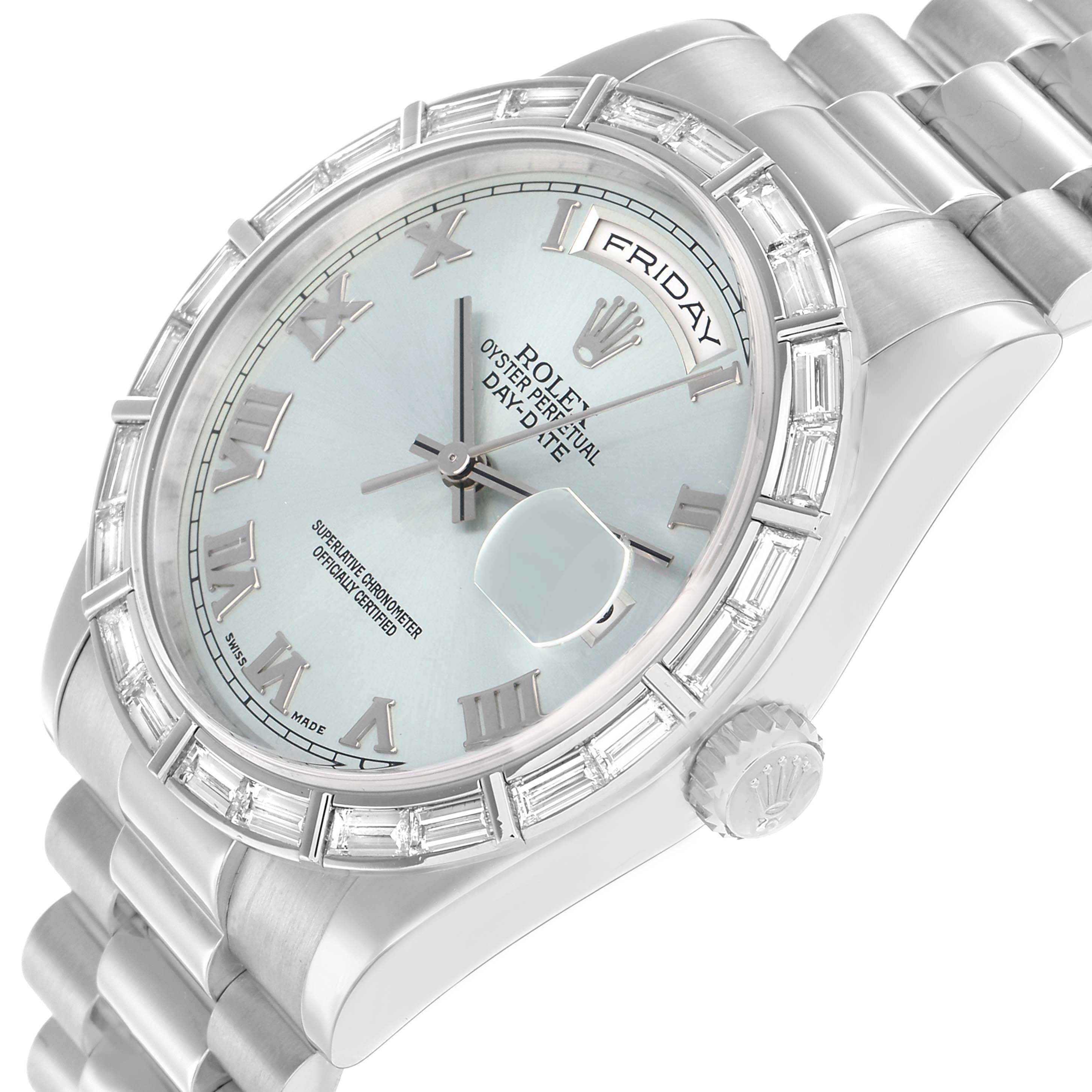 The Rolex President 118366 Men
s Platinum Blue Dial model is shown at an angled view highlighting the dial, bezel, crown, and bracelet links.