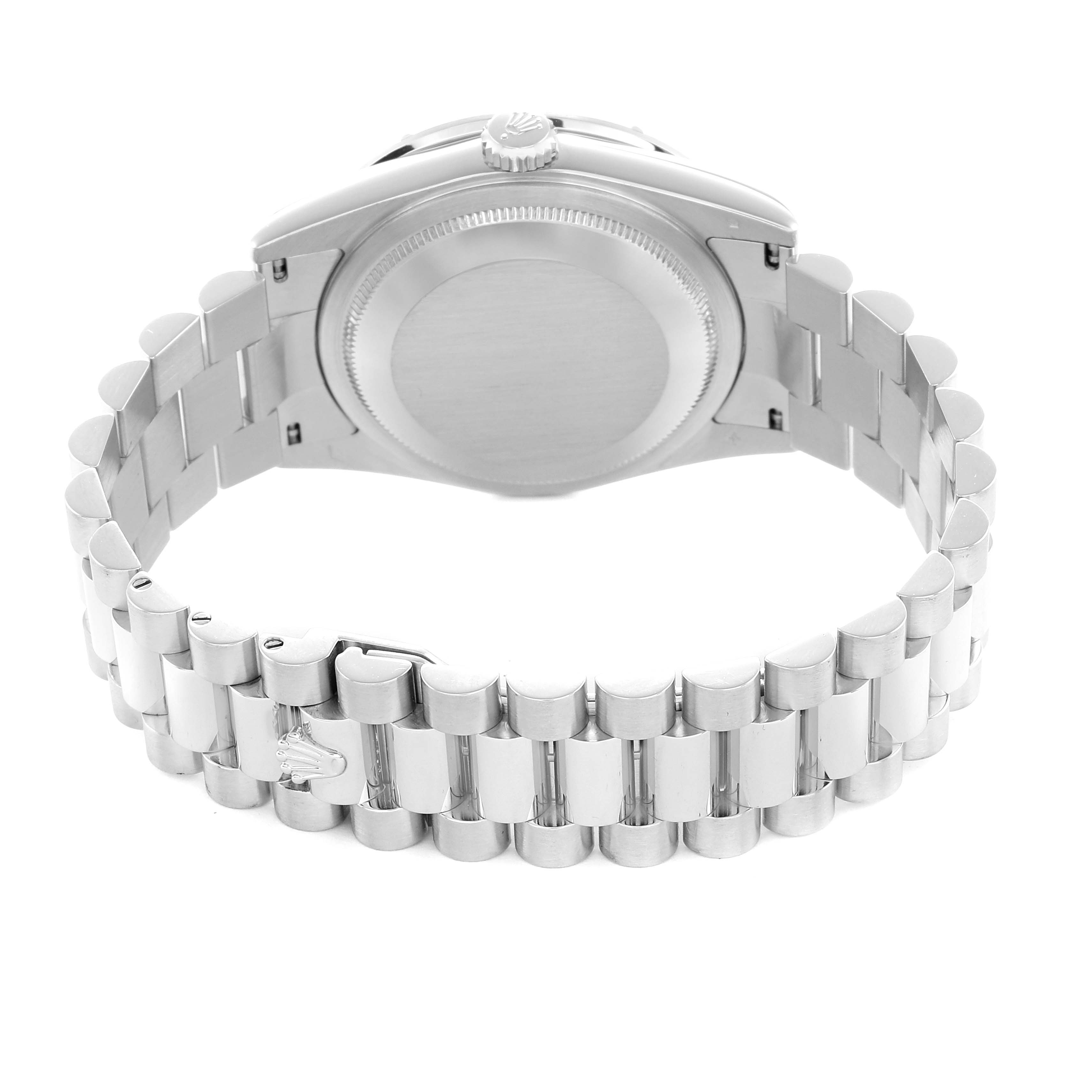 The image shows the back view of a Rolex President 118366 Men
s Platinum Blue Dial model, highlighting its bracelet and case back.