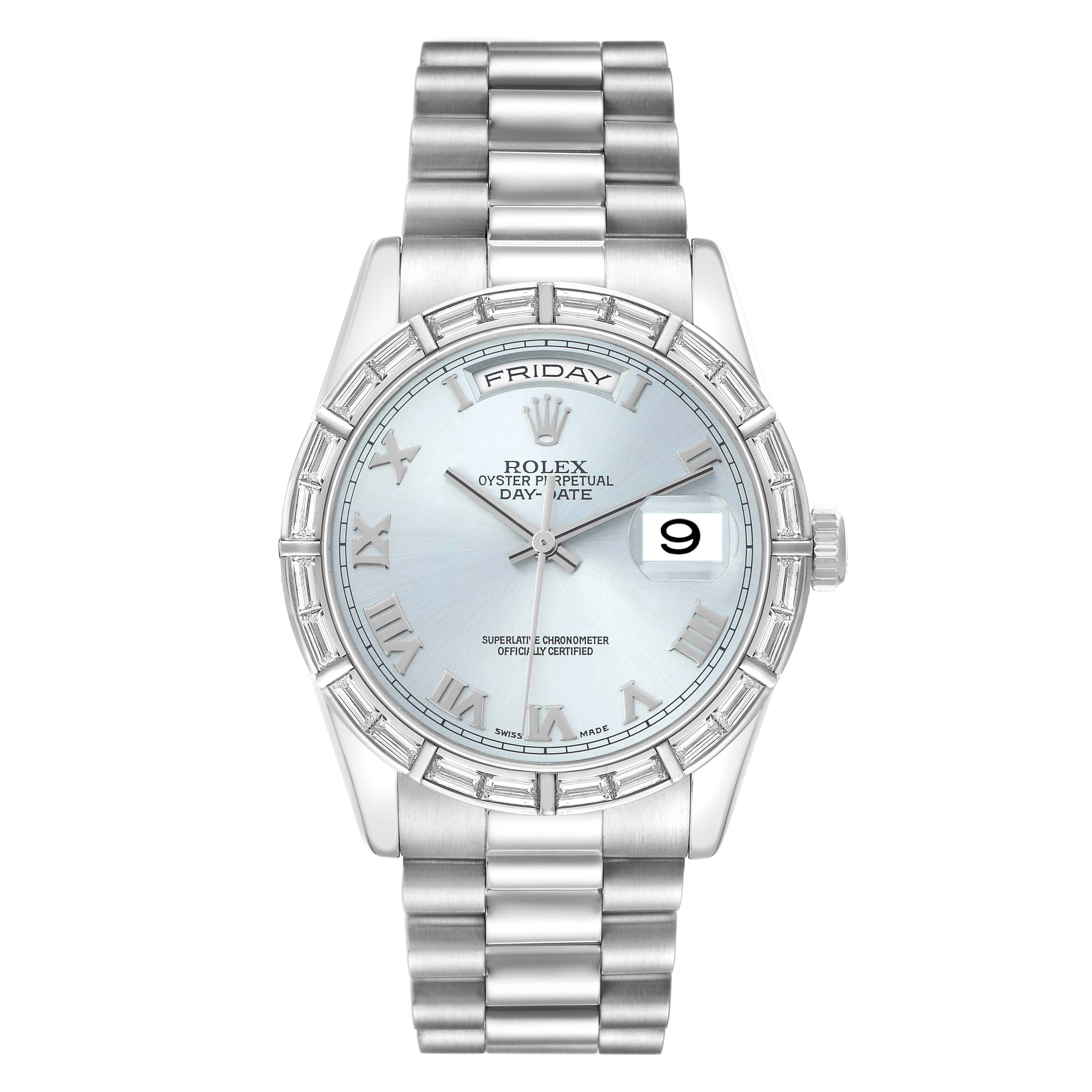 The Rolex President 118366 Men
s Platinum Blue Dial model is shown from a front angle, highlighting the face, bezel, bracelet, and crown.