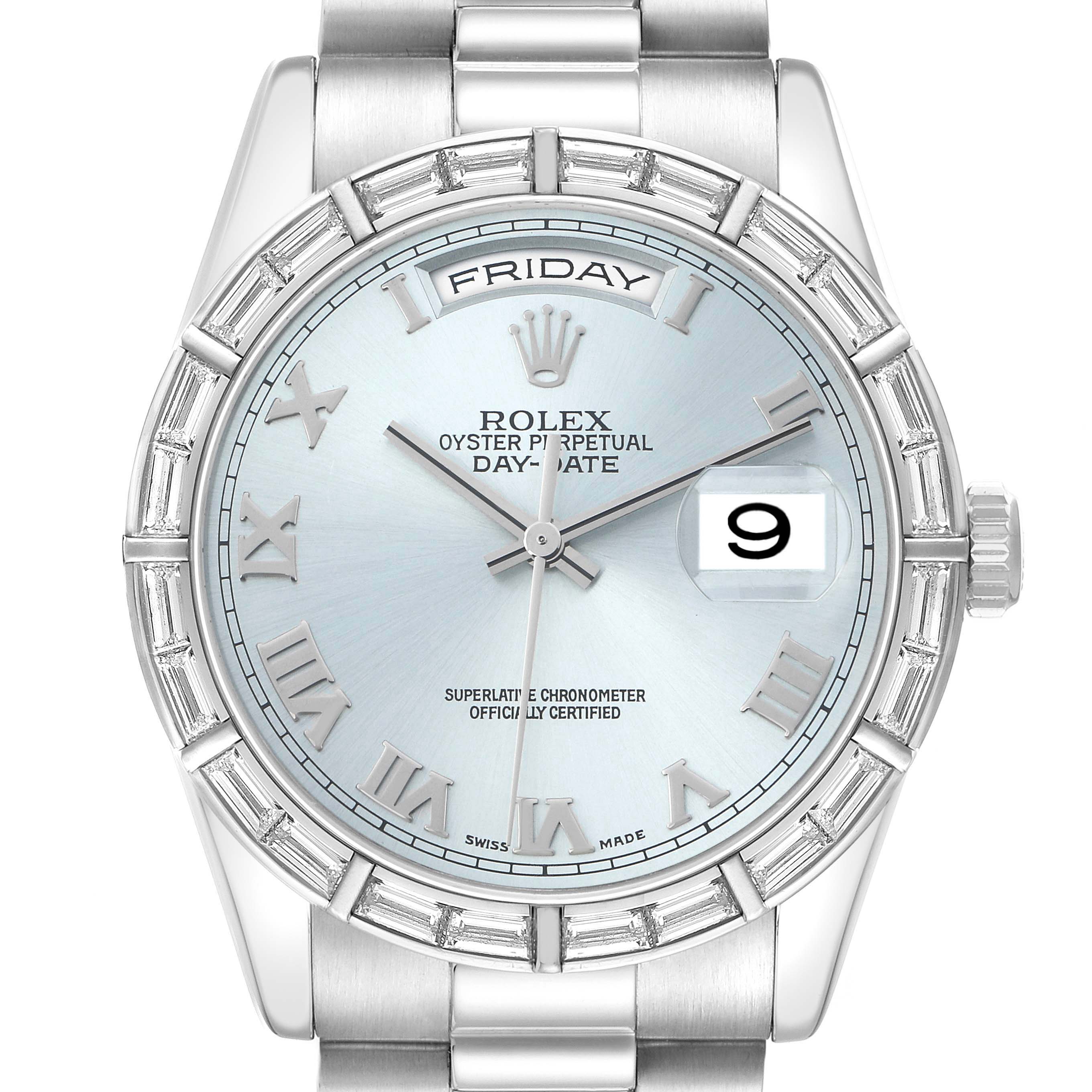 The Rolex President 118366 Men
s Platinum Blue Dial model watch is shown from the front, highlighting the face, bezel, bracelet, day, and date features.