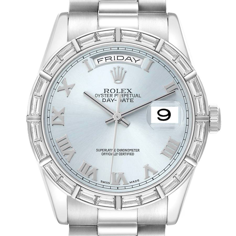 The Rolex President 118366 Men's Platinum Blue Dial model watch is shown from the front, highlighting the face, bezel, bracelet, day, and date features.