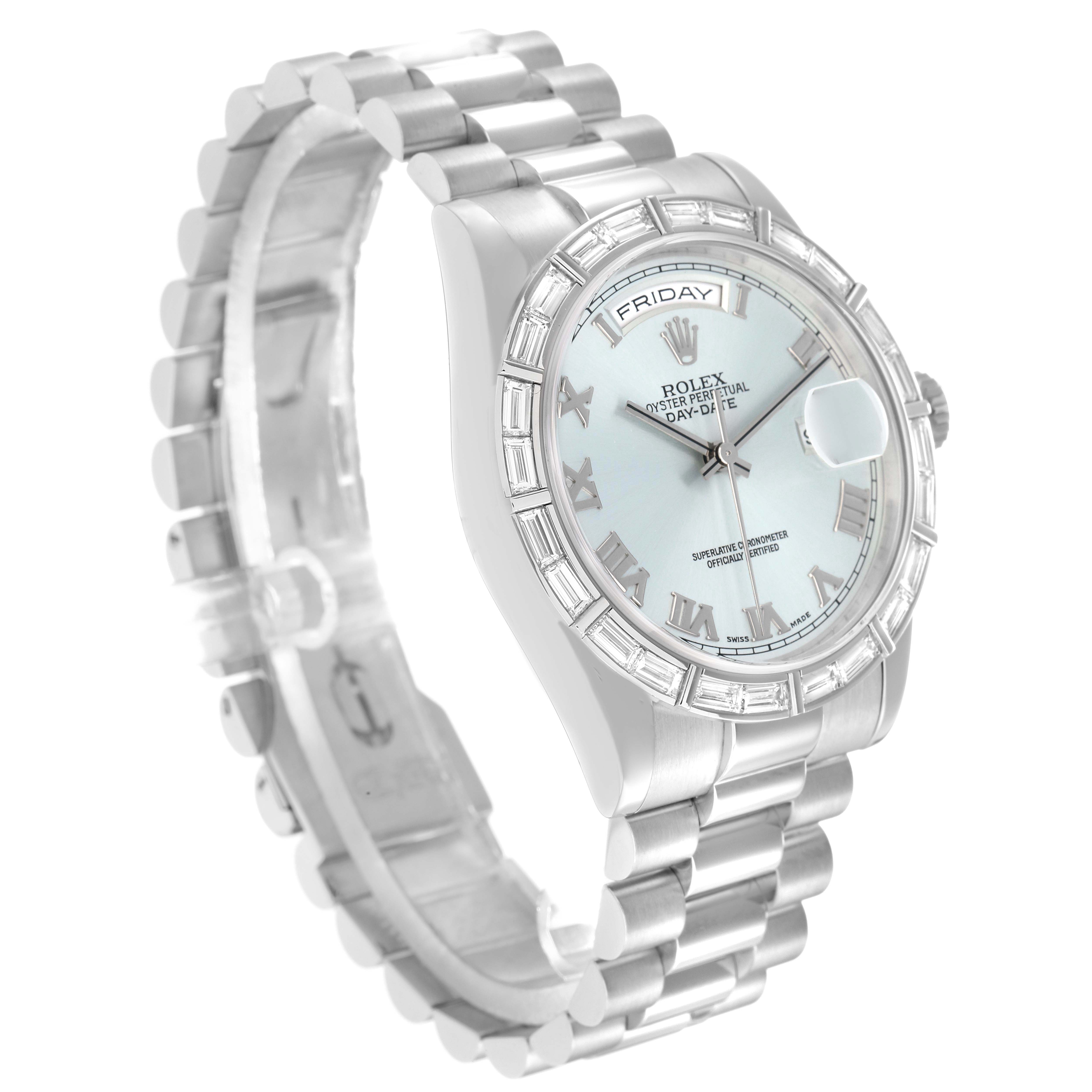 The Rolex President 118366 Men
s Platinum Blue Dial watch is shown at a three-quarter angle, highlighting the face, bezel, bracelet, and day-date display.