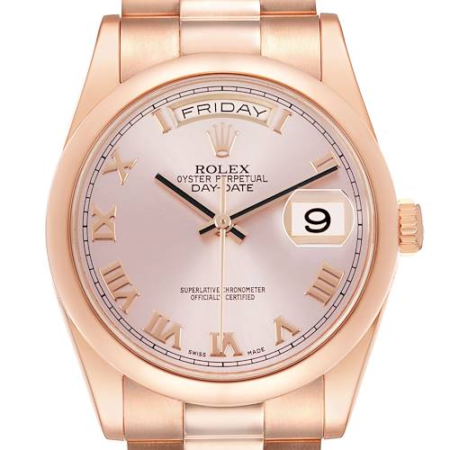 Photo of Rolex President Day-Date Rose Gold Roman Dial Mens Watch 118205 Box Card