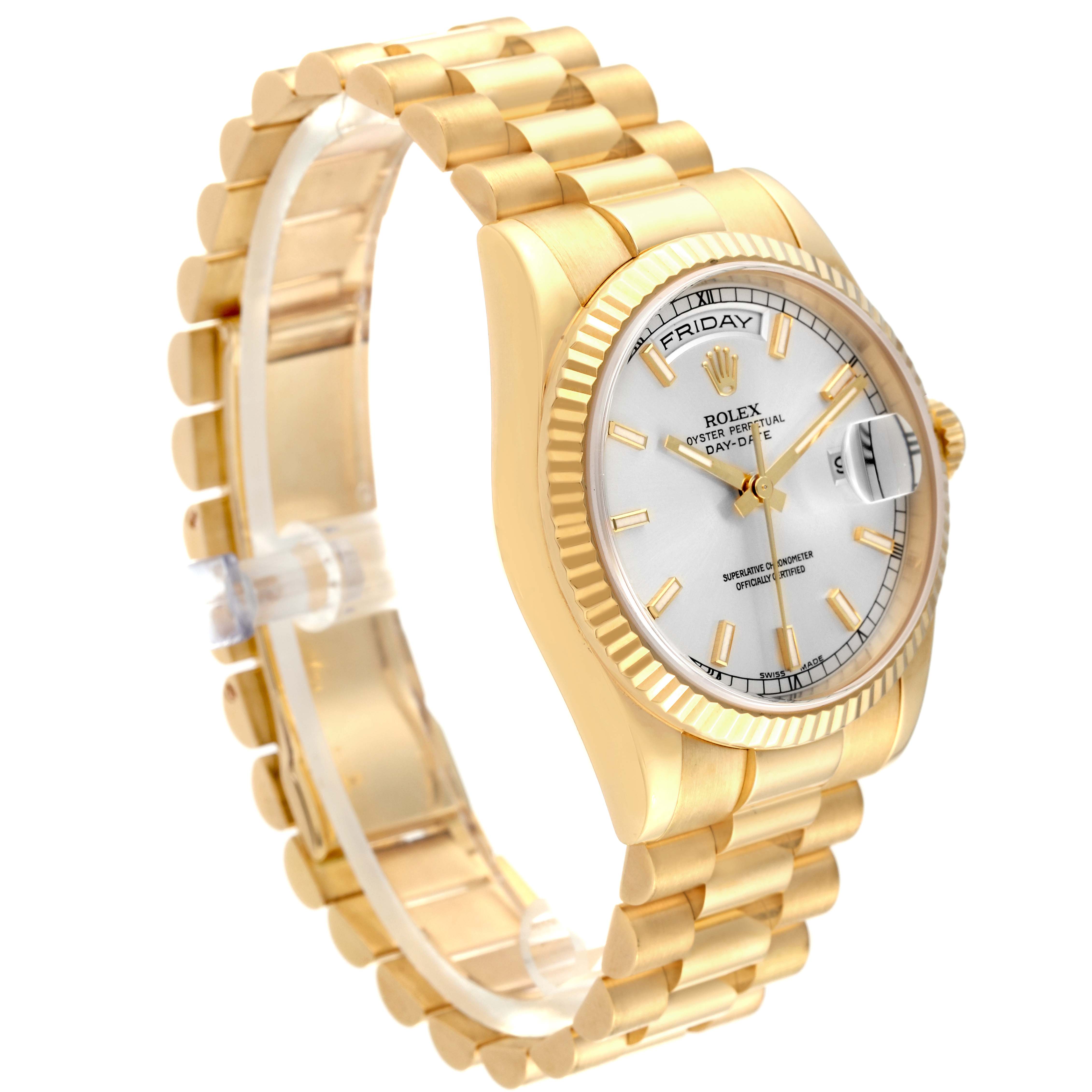 The image shows a side view of a gold Rolex President 118238 Men
s Yellow Gold Silver Dial 118238 Men
s Yellow Gold Silver Dial watch, showcasing its bracelet, crown, and dial.