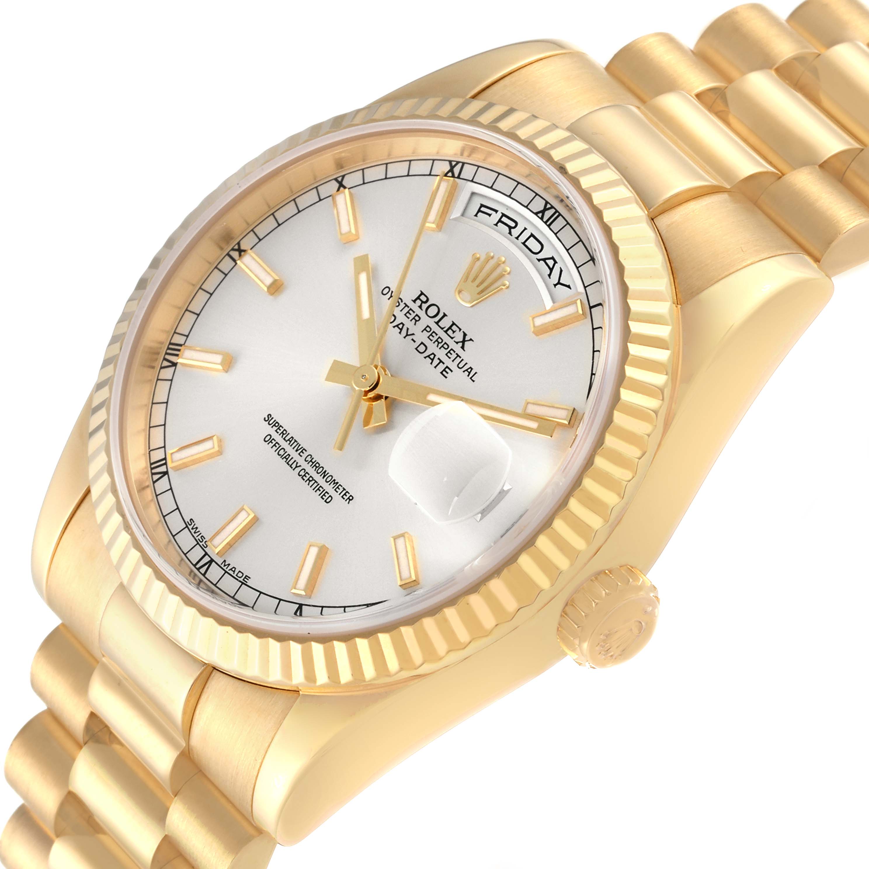 This image shows a close-up angle of the Rolex Day-Date President model, highlighting the dial, bezel, and bracelet.