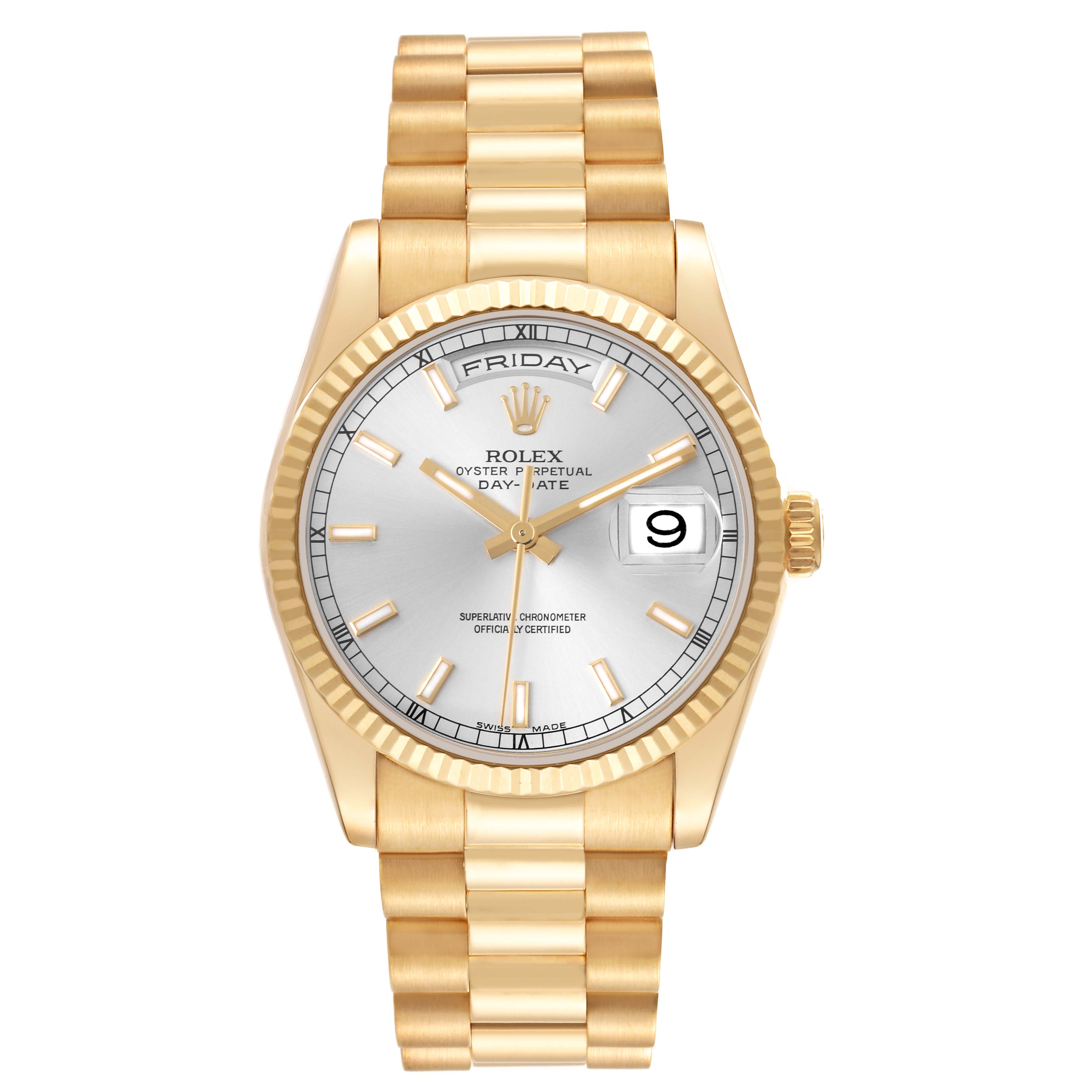 This image shows a front view of the Rolex President 118238 Men
s Yellow Gold Silver Dial 118238 Men
s Yellow Gold Silver Dial model watch, displaying its dial, day-date window, and bracelet.