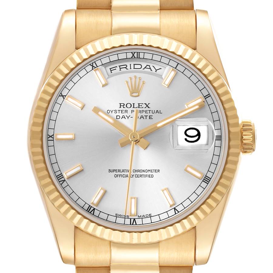 Rolex President Day-Date Silver Dial Yellow Gold Mens Watch 118238 SwissWatchExpo