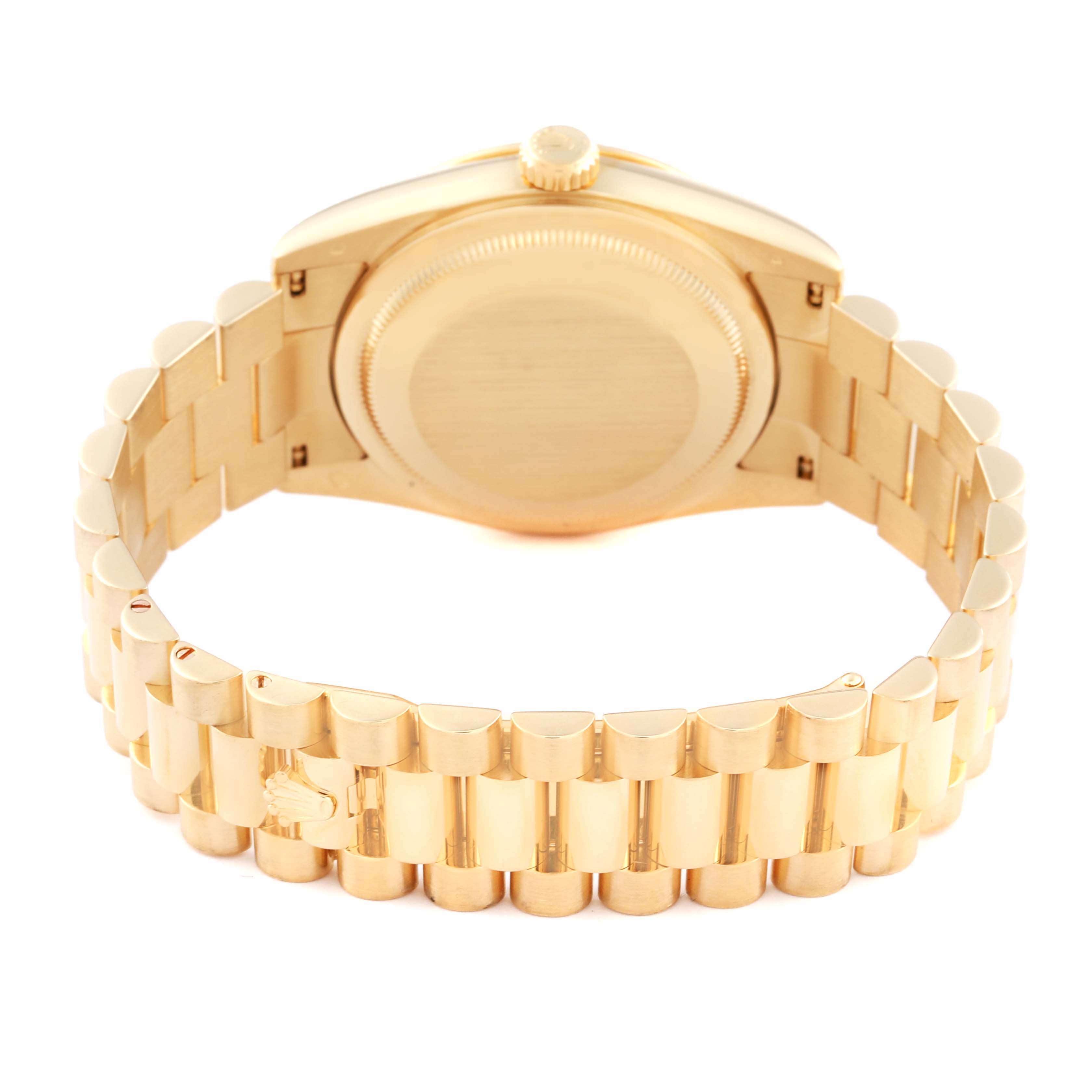The image shows the back case and bracelet of a Rolex President 118238 Men
s Yellow Gold Silver Dial 118238 Men
s Yellow Gold Silver Dial model watch from a rear angle.