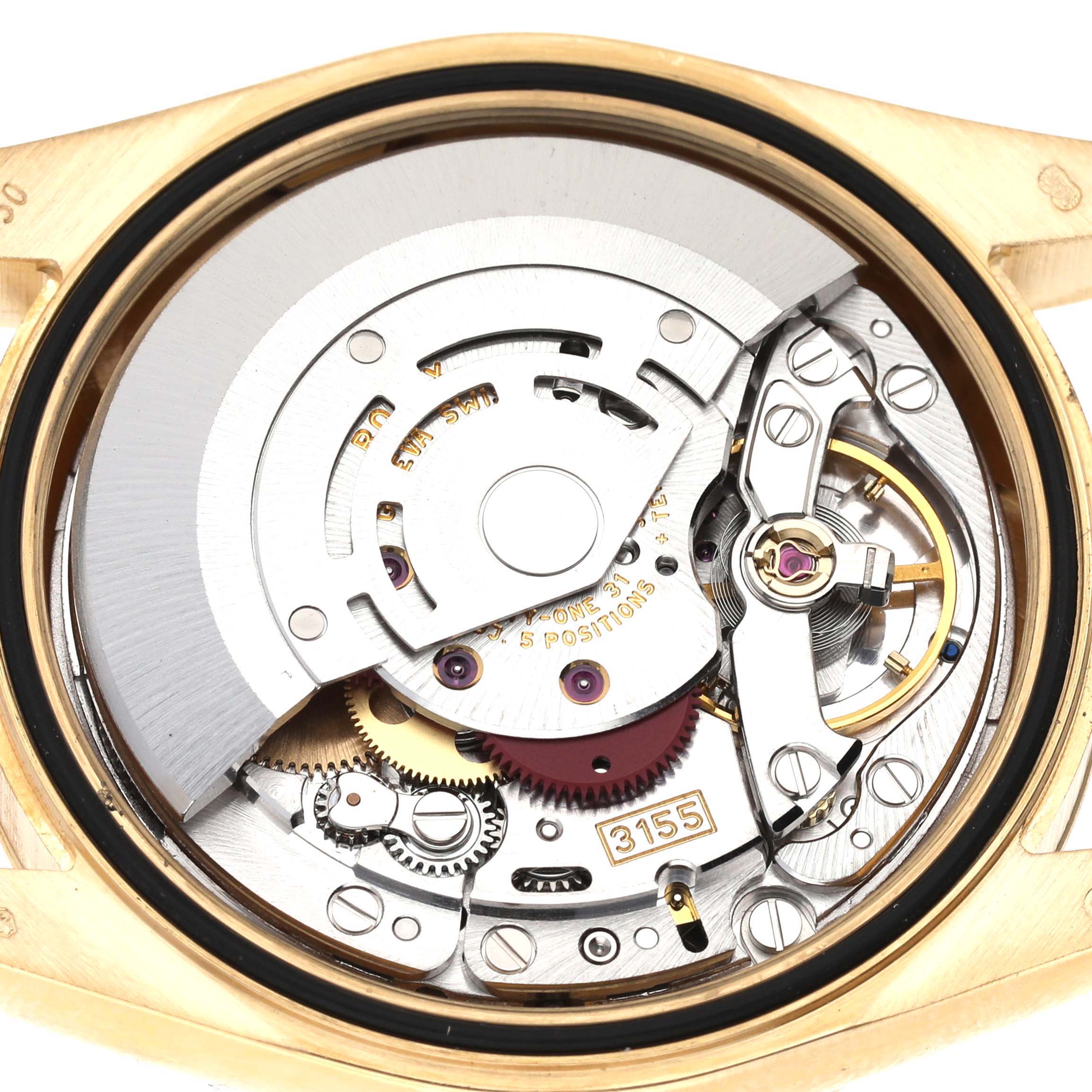This image shows the inner mechanical movement of the President model watch by Rolex from a rear angle.