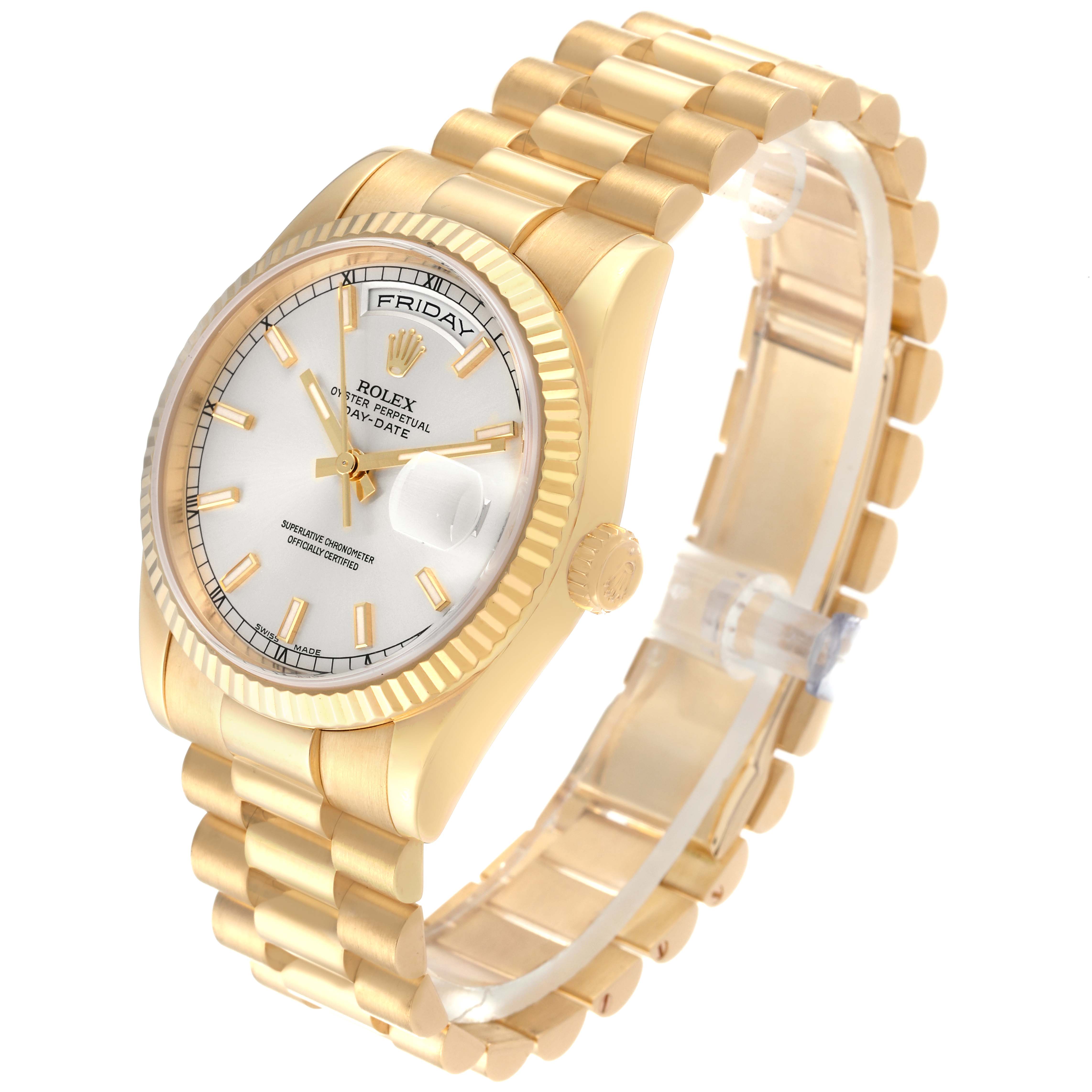 The Rolex President 118238 Men
s Yellow Gold Silver Dial 118238 Men
s Yellow Gold Silver Dial model watch is shown at a slight angle, displaying the dial, bezel, crown, and bracelet.