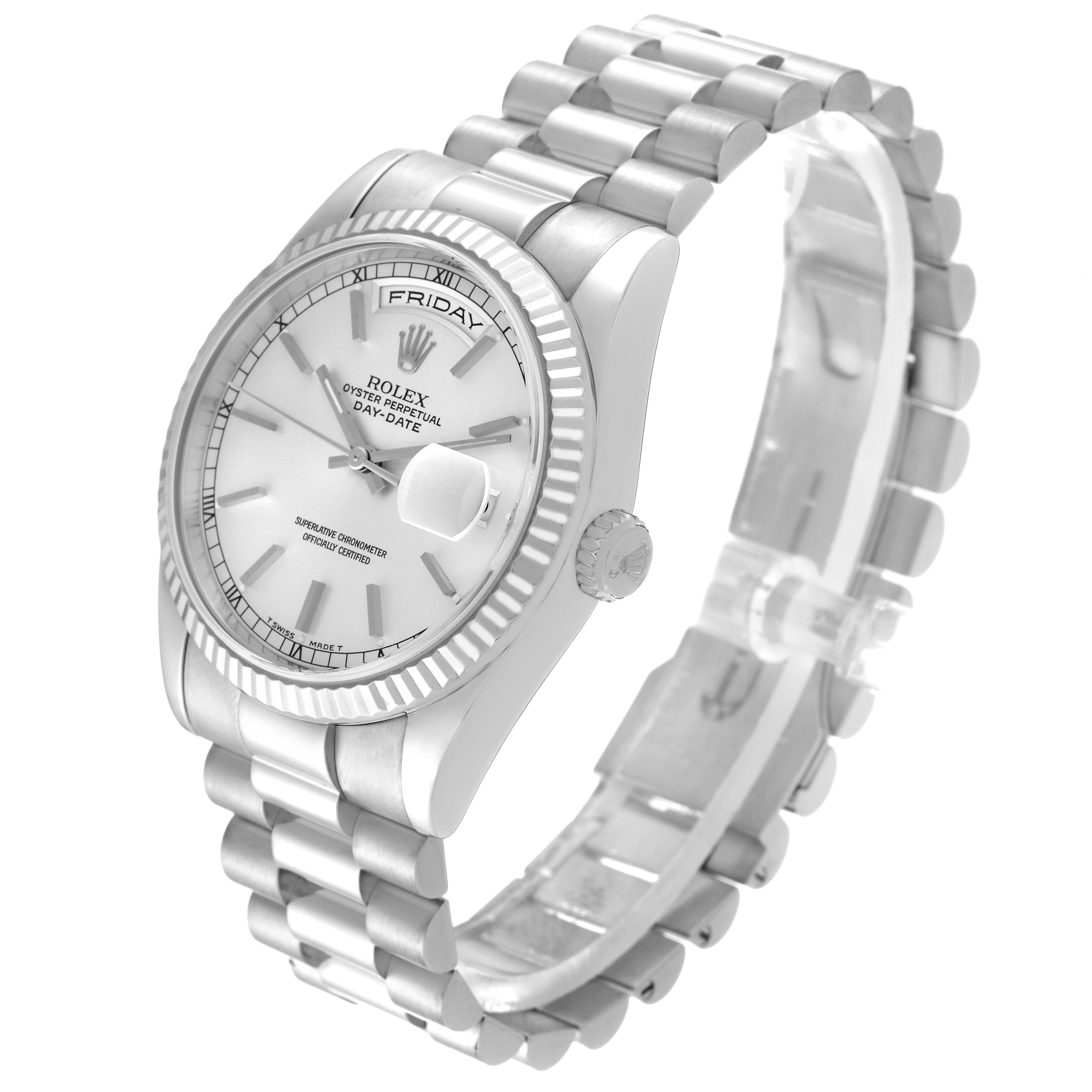 The Rolex President 118239 Men's White Gold Silver Dial 118239 Men's White Gold Silver Dial watch is shown at a slight angle, highlighting the dial, bezel, bracelet, and crown.