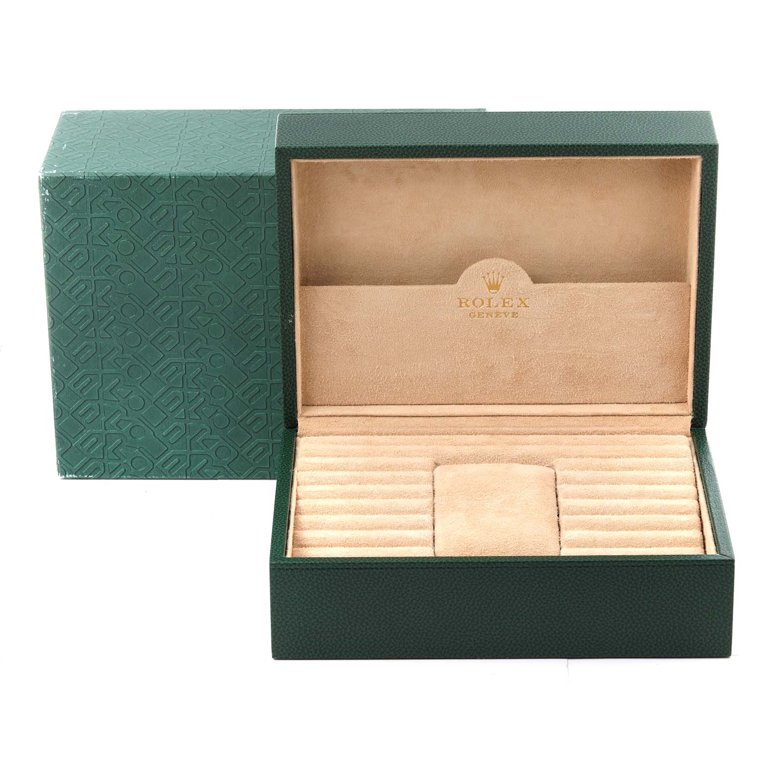 The image shows an open Rolex President 118239 Men's White Gold Silver Dial 118239 Men's White Gold Silver Dial watch box with a beige interior and a green textured exterior at a front angle.
