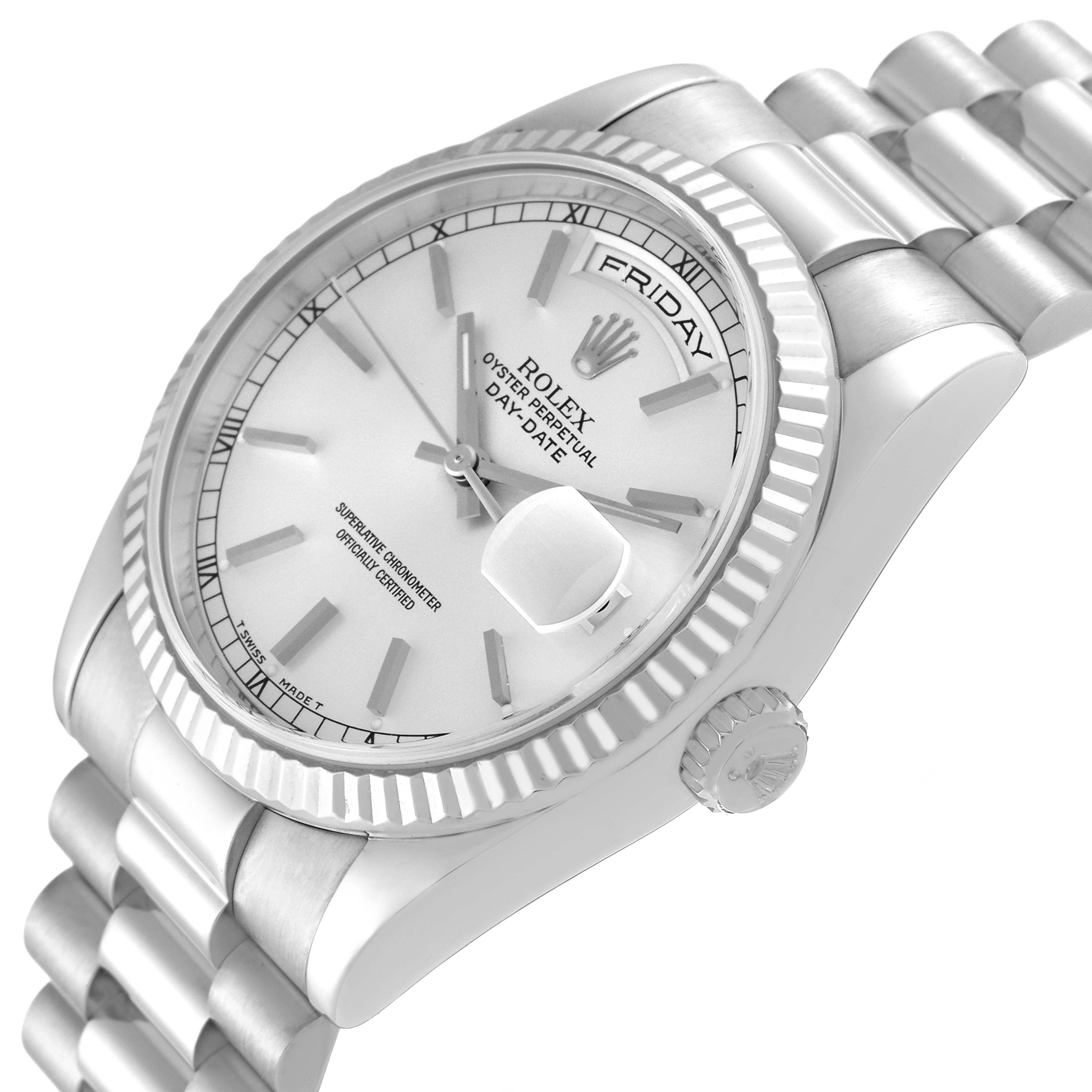 The image shows a side and slightly angled view of the Rolex President 118239 Men's White Gold Silver Dial 118239 Men's White Gold Silver Dial model watch, highlighting the dial, day-date display, and bracelet.