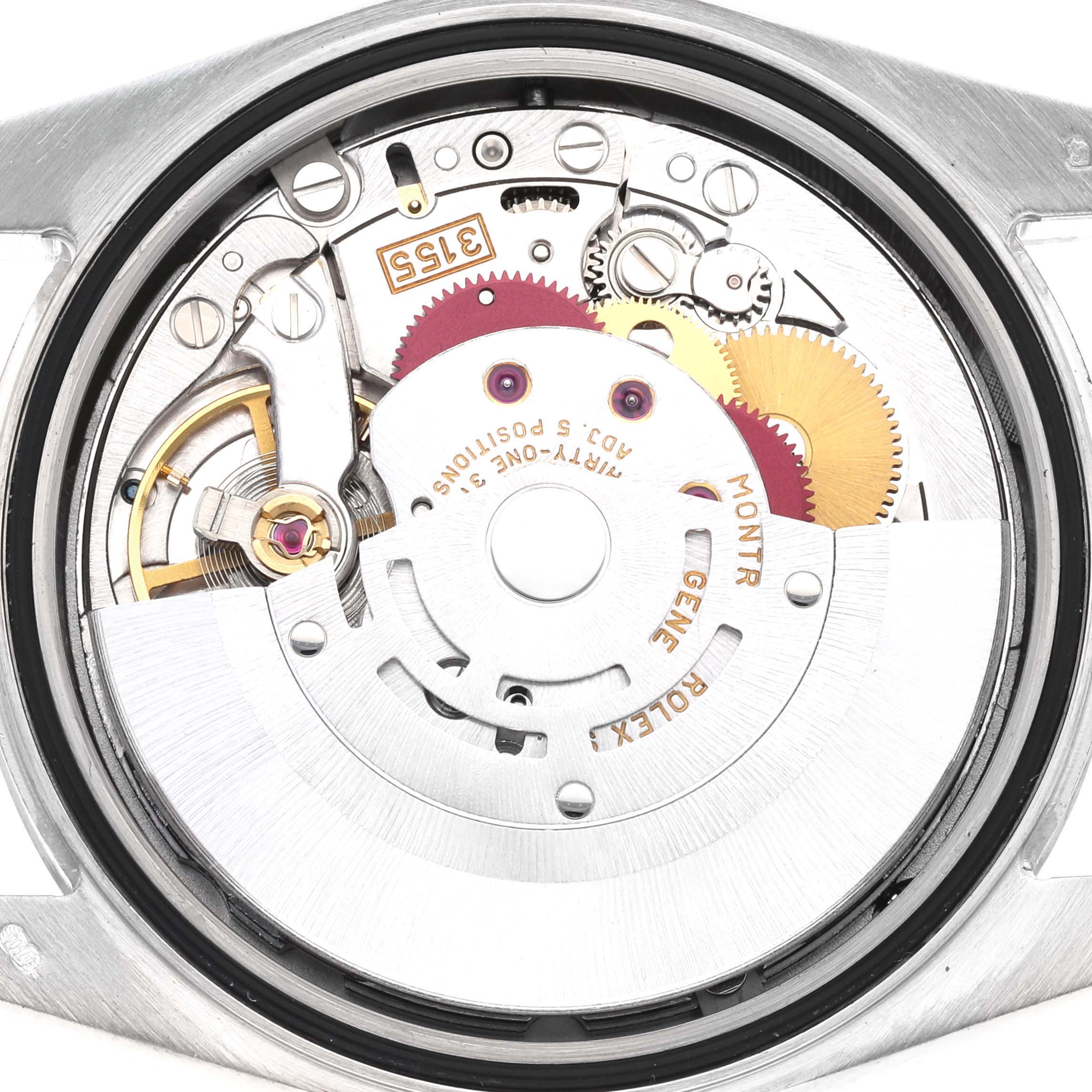 This image shows the internal movement mechanism of a Rolex President 118239 Men's White Gold Silver Dial 118239 Men's White Gold Silver Dial model watch from the back angle.