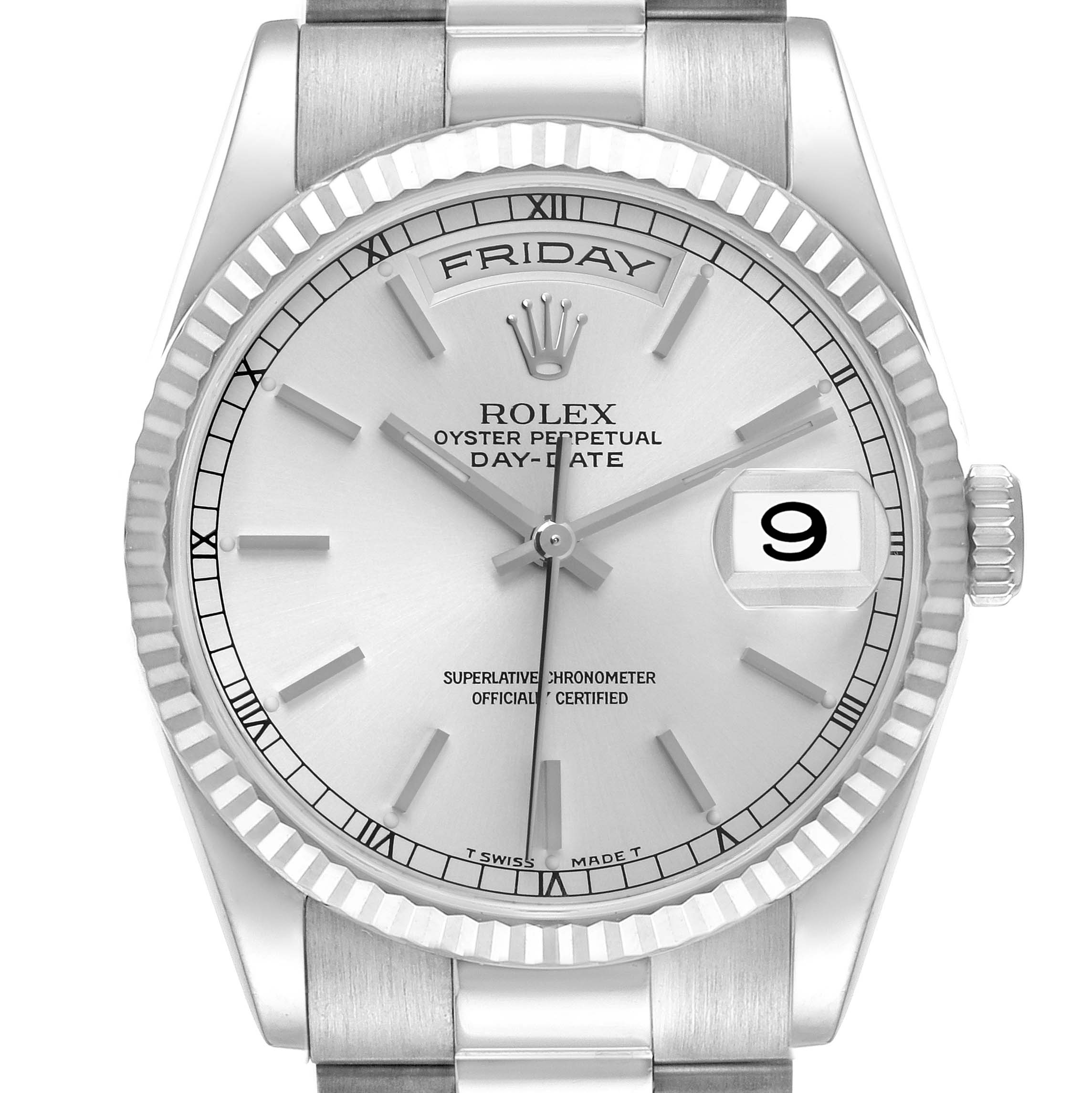 This image shows a frontal close-up of a Rolex President 118239 Men's White Gold Silver Dial 118239 Men's White Gold Silver Dial model watch, displaying the face, bezel, and part of the bracelet.