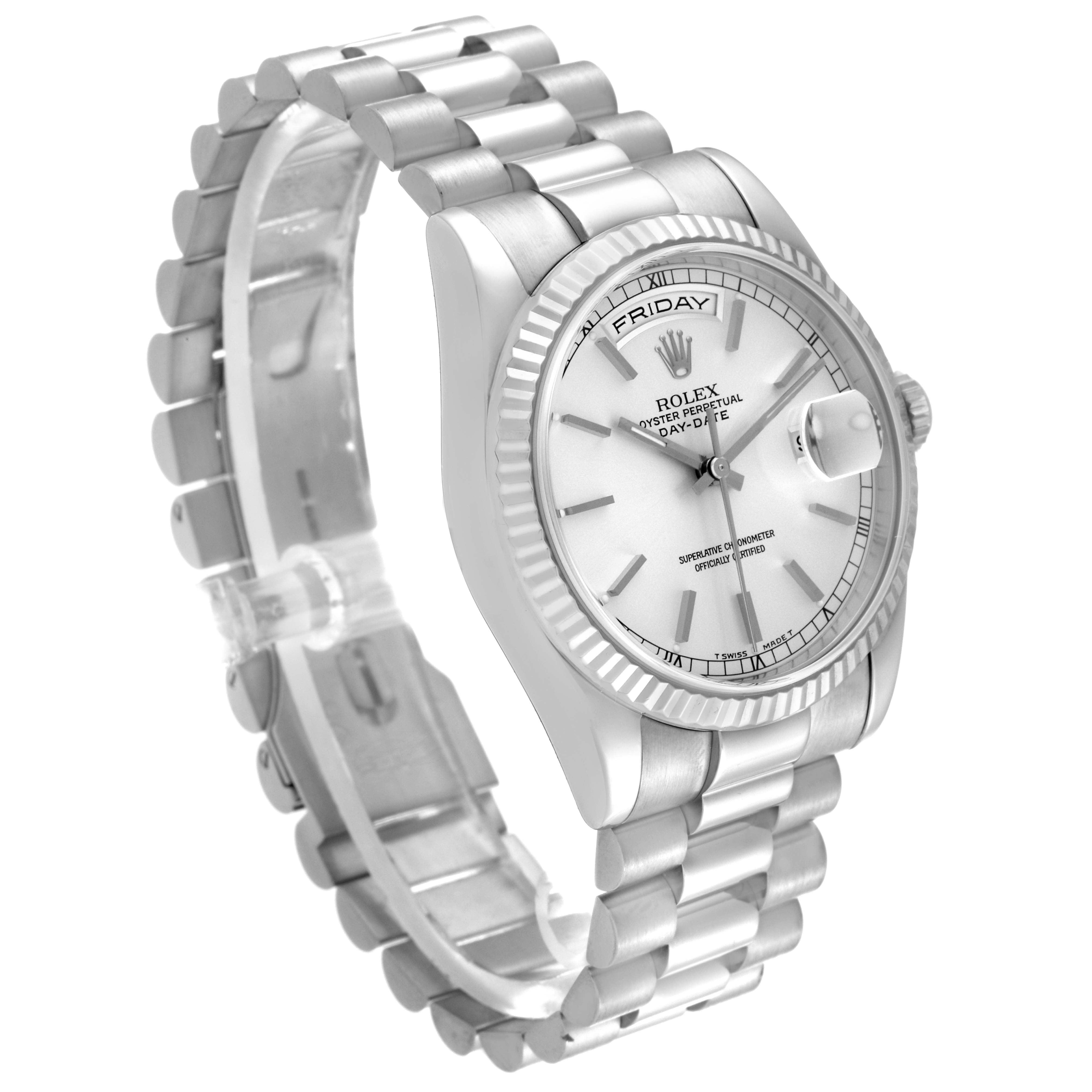 The Rolex President 118239 Men's White Gold Silver Dial 118239 Men's White Gold Silver Dial model is shown at an angle highlighting its face, bezel, and bracelet, featuring a silver design.