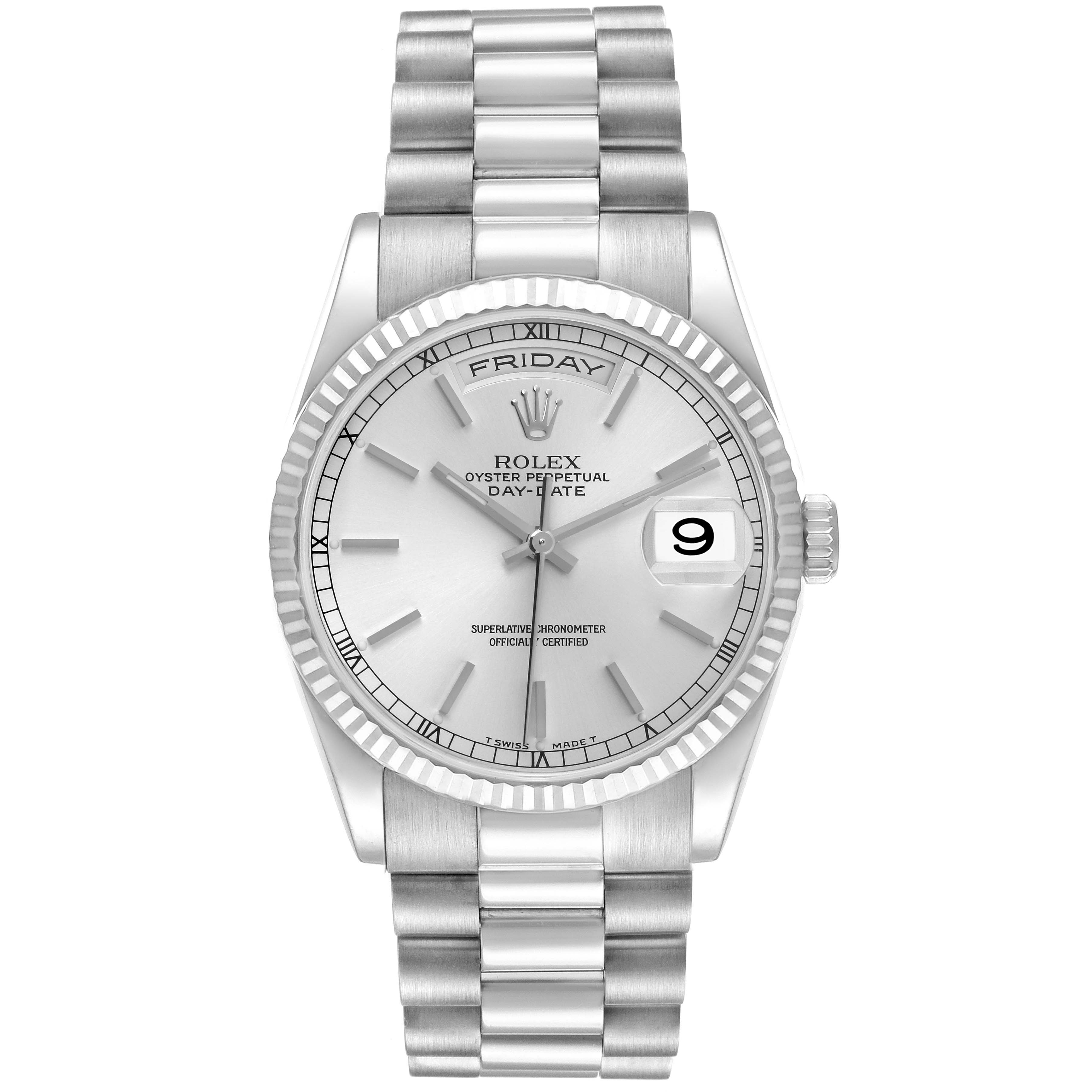 The Rolex President 118239 Men's White Gold Silver Dial 118239 Men's White Gold Silver Dial watch is shown from a front angle, displaying the dial, bracelet, and day-date feature.