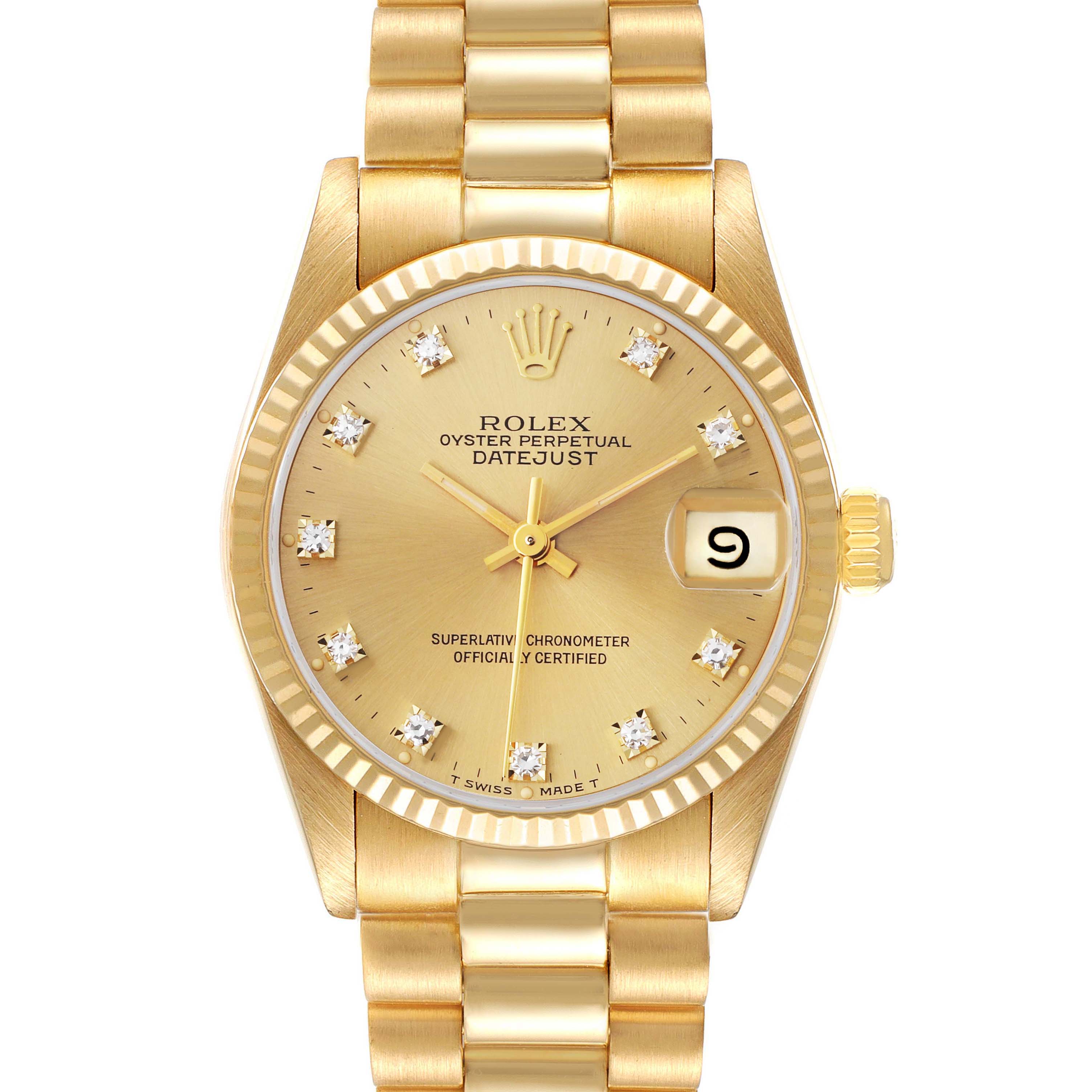 This image shows a frontal view of a Rolex President 68278 Women's Yellow Gold Champagne Dial 68278 Women's Yellow Gold Champagne Dial model, displaying the dial, bracelet, and date window.