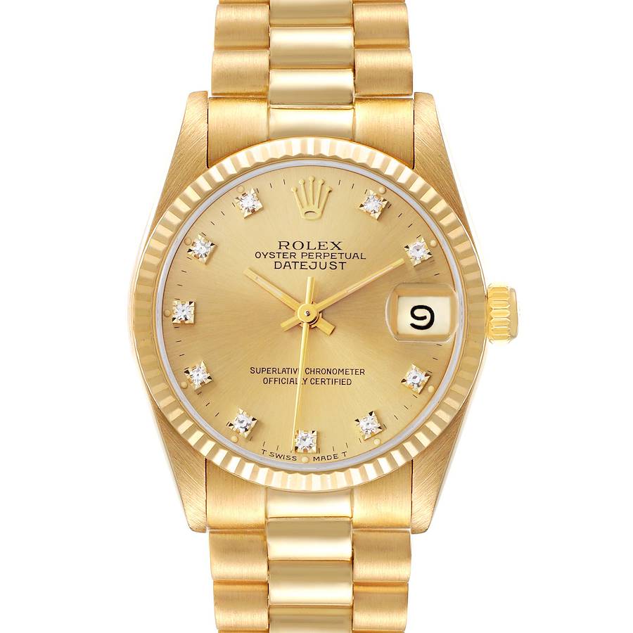 This image shows a frontal view of a Rolex President model, displaying the dial, bracelet, and date window.