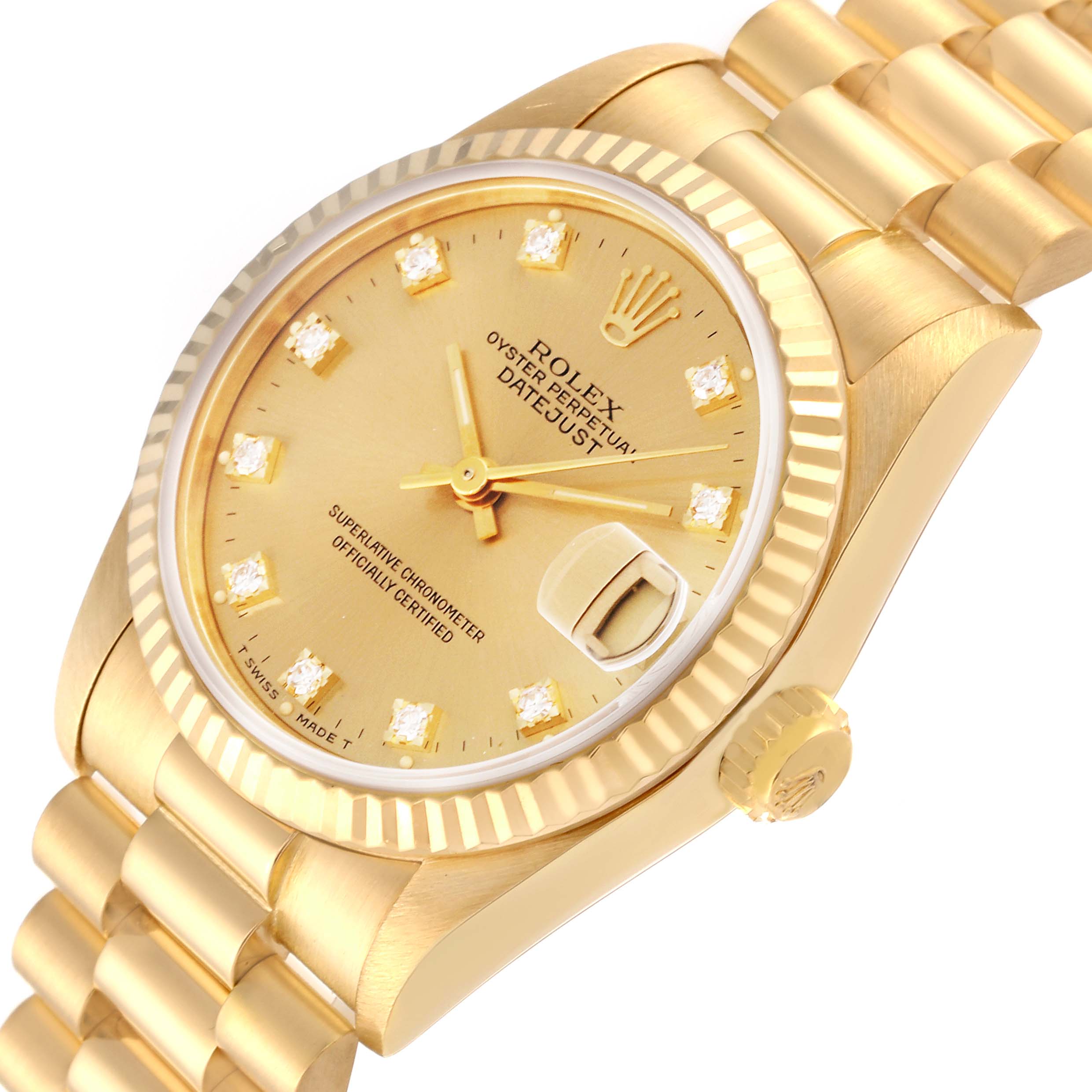 The image shows a Rolex President 68278 Women's Yellow Gold Champagne Dial 68278 Women's Yellow Gold Champagne Dial model watch at a slight angle, highlighting its face, bezel, bracelet, and crown.