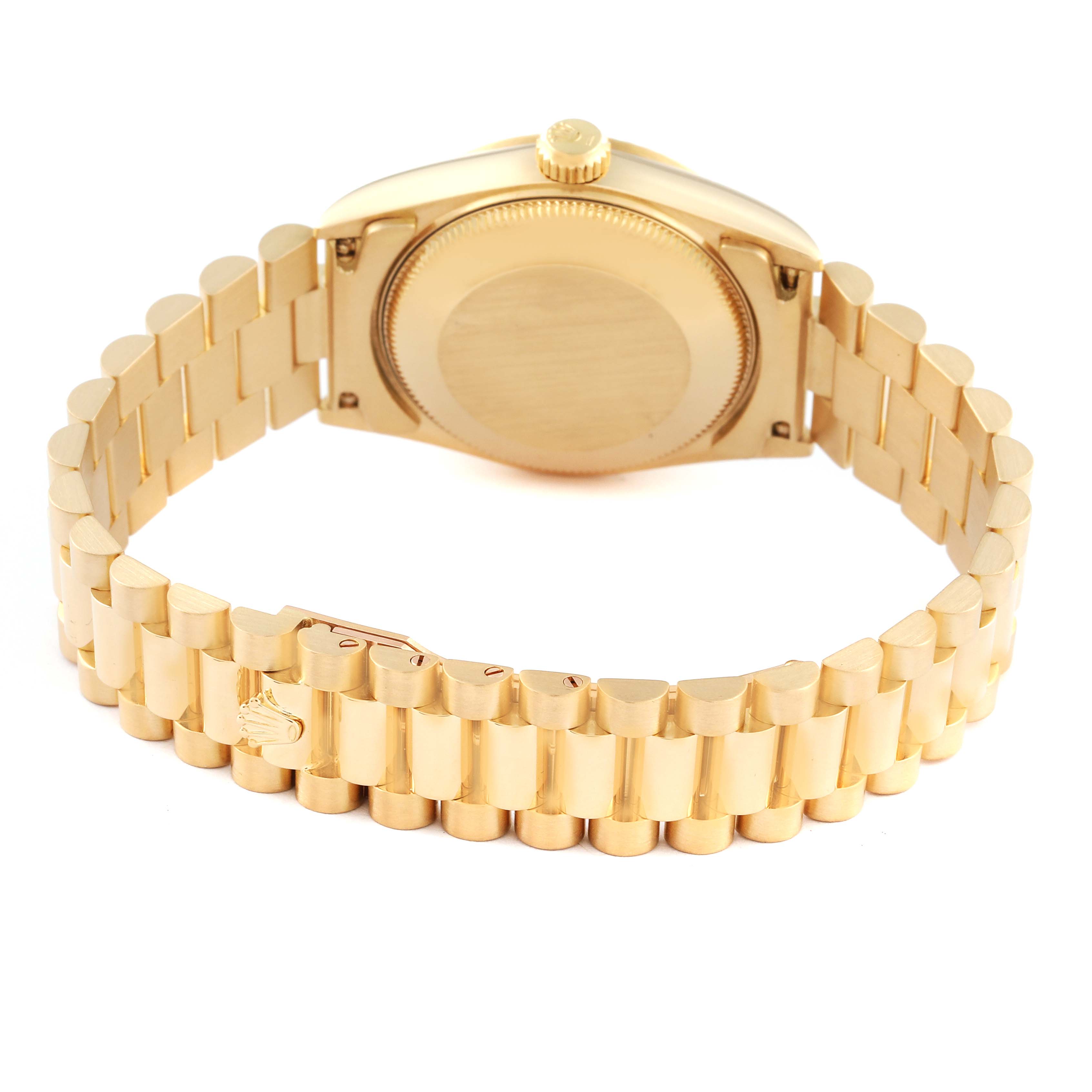 This image of the Rolex President 68278 Women's Yellow Gold Champagne Dial 68278 Women's Yellow Gold Champagne Dial model watch shows the back case and bracelet, viewed from the rear.