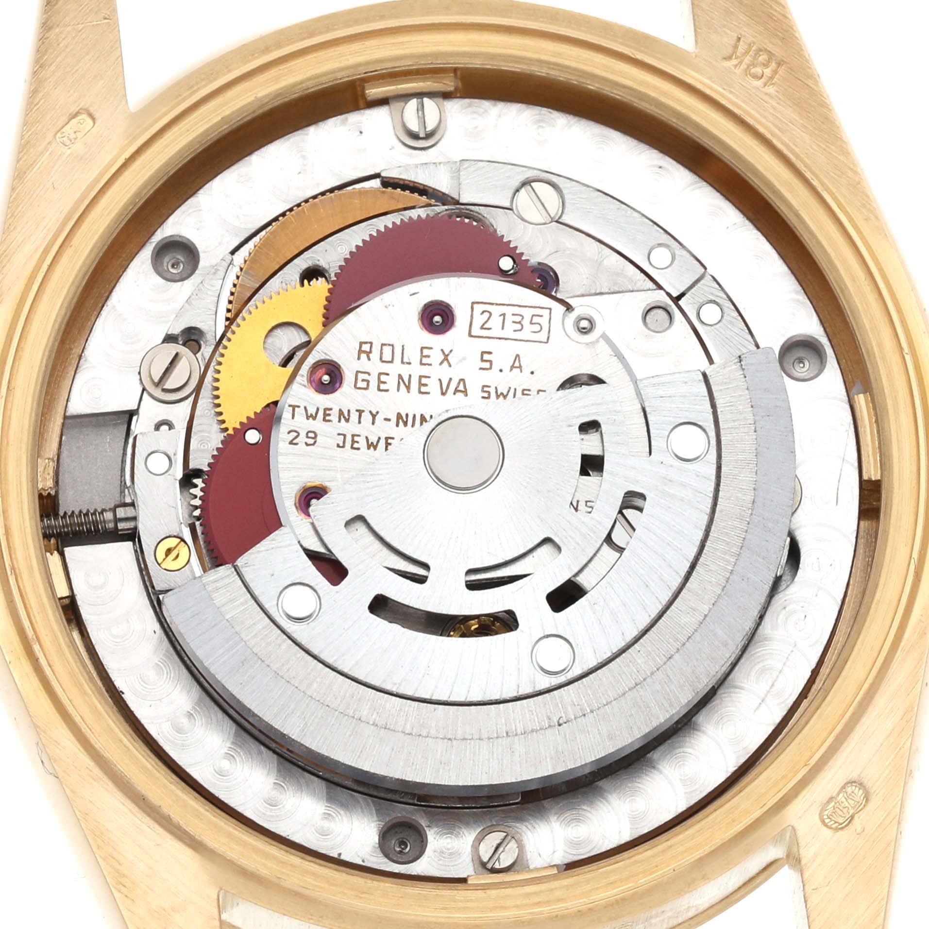 The image shows the back view of a Rolex President 68278 Women's Yellow Gold Champagne Dial 68278 Women's Yellow Gold Champagne Dial model, revealing its movement and inner components.