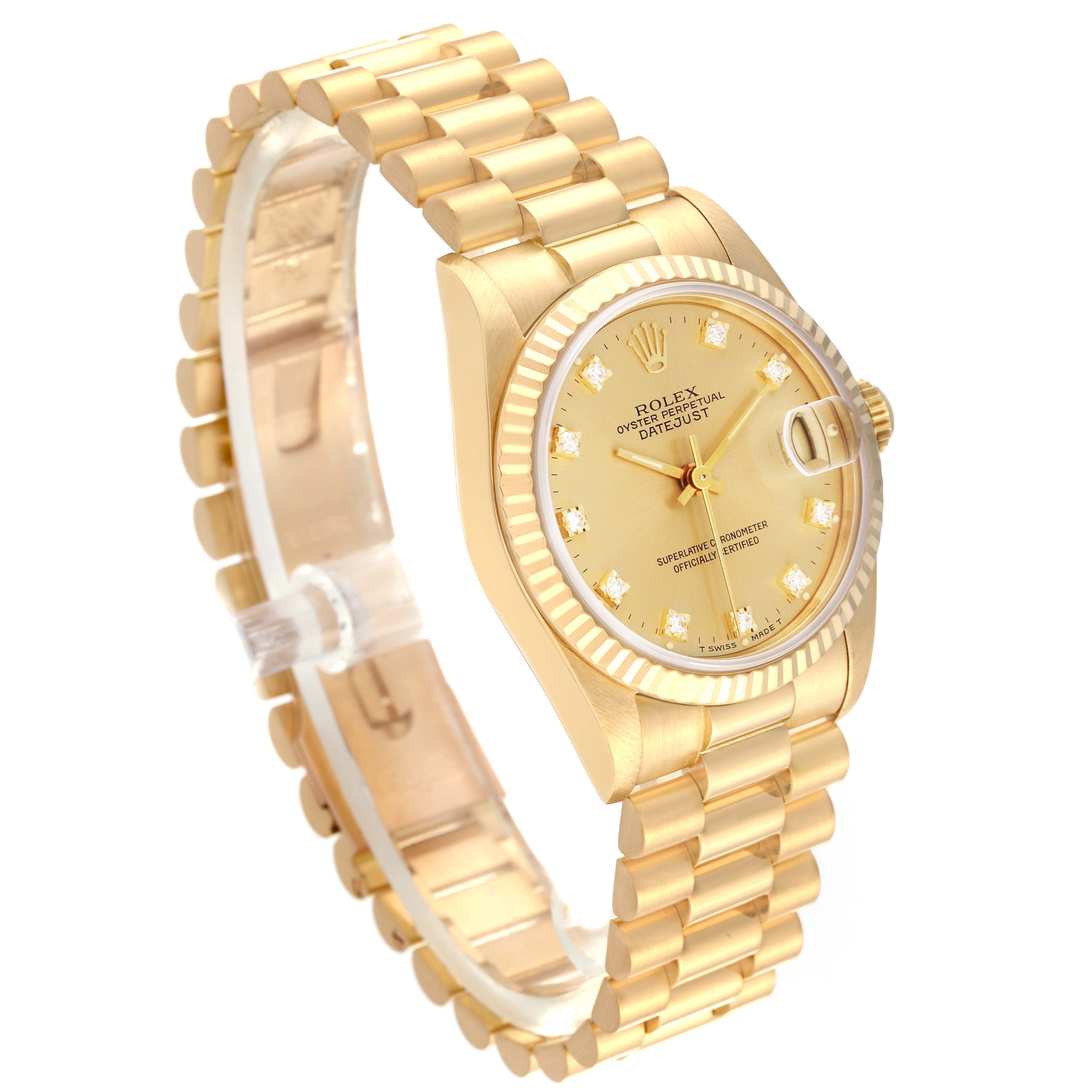 The image shows a side and partial top view of a Rolex President 68278 Women's Yellow Gold Champagne Dial 68278 Women's Yellow Gold Champagne Dial model watch, highlighting its gold band and diamond hour markers.