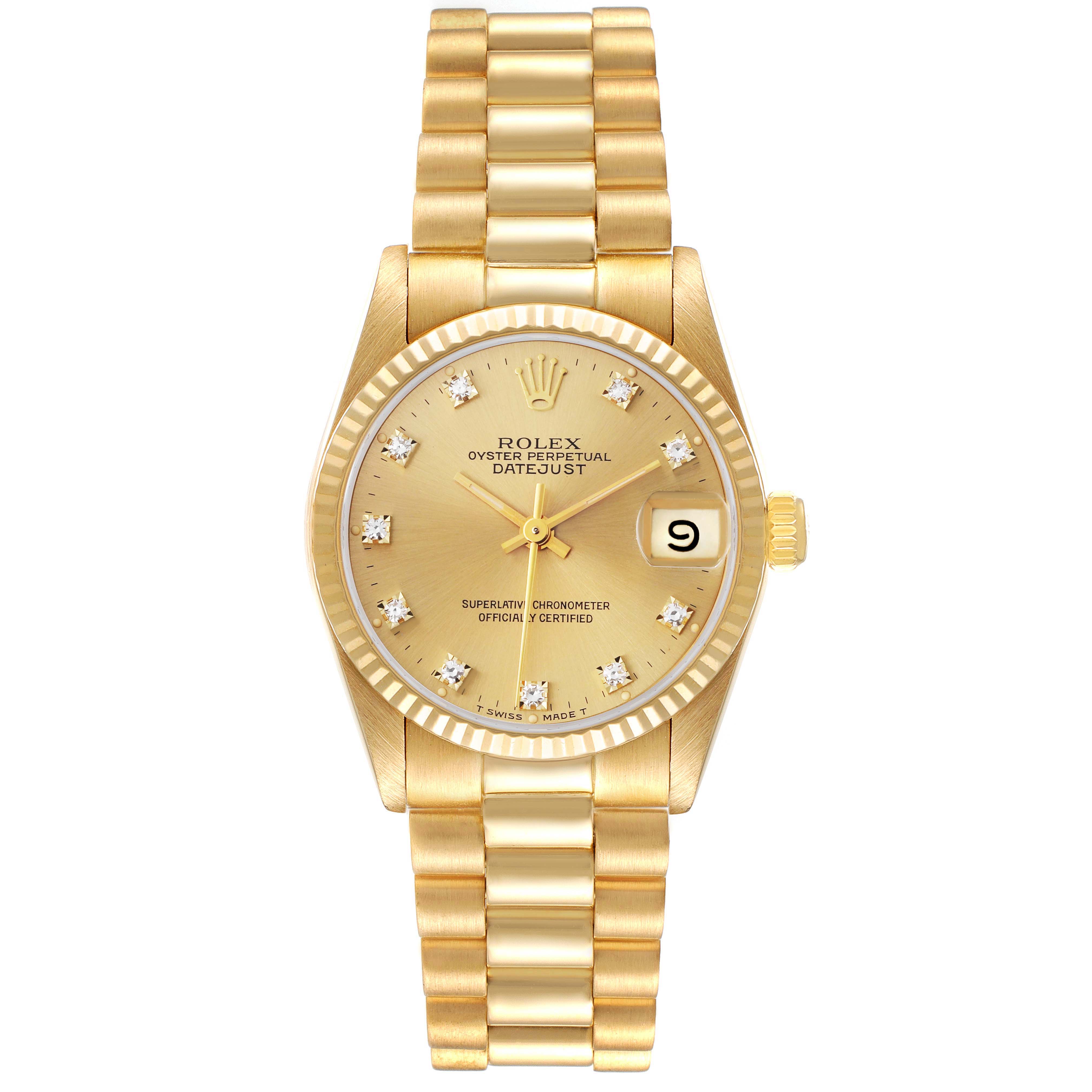 The Rolex President 68278 Women's Yellow Gold Champagne Dial 68278 Women's Yellow Gold Champagne Dial model watch is shown from a top-down angle, displaying the entire face and bracelet.