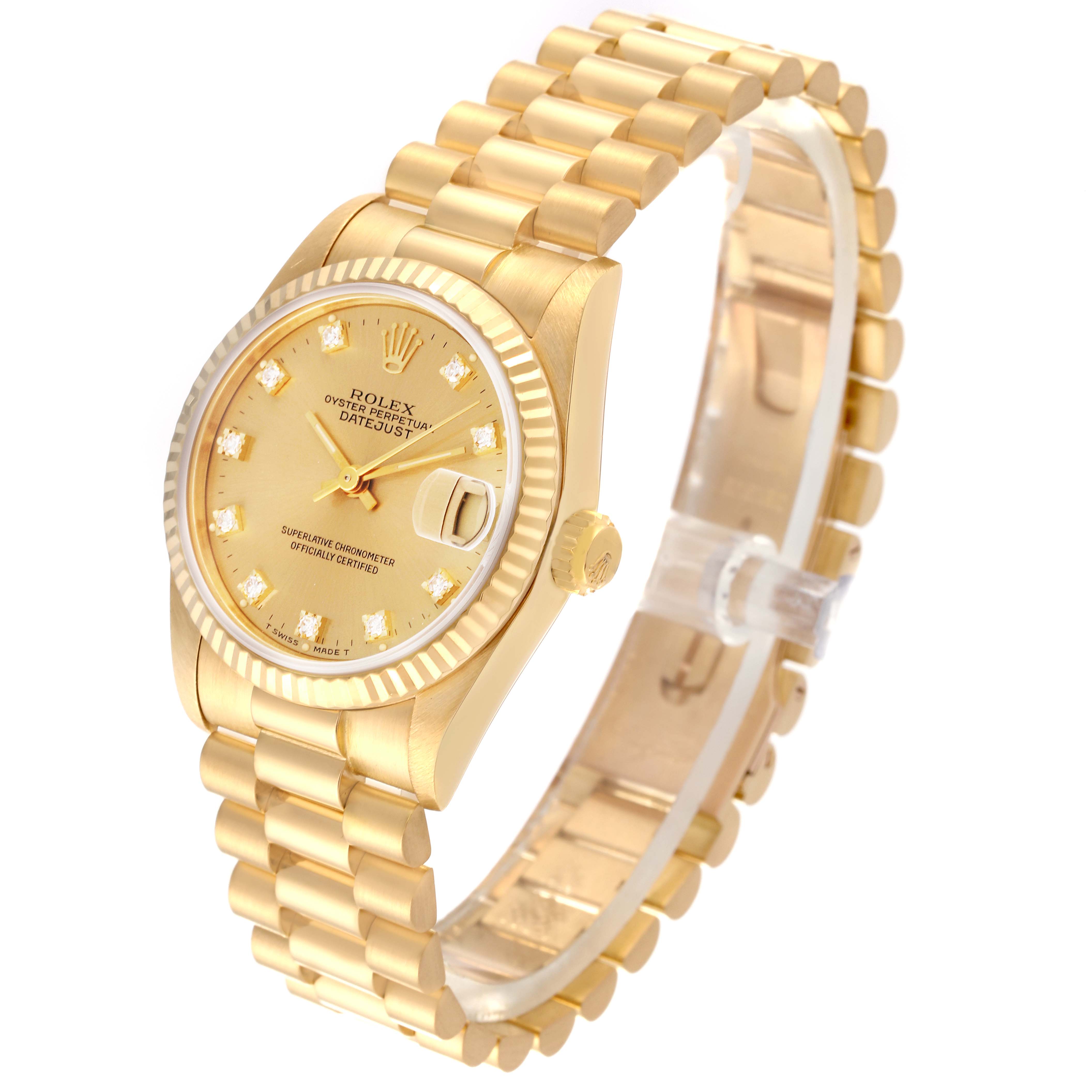 The Rolex President 68278 Women's Yellow Gold Champagne Dial 68278 Women's Yellow Gold Champagne Dial model is shown at an angle highlighting the face, bezel, bracelet, and crown.