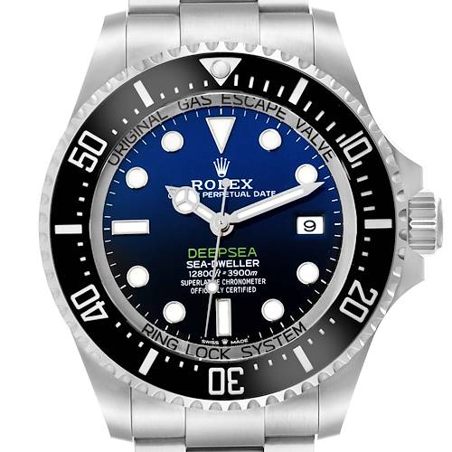 The image shows a front view of a Rolex Sea-Dweller Deepsea watch, highlighting its face, bezel, and part of the bracelet.