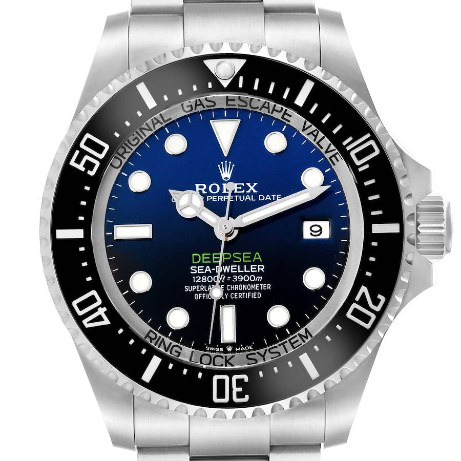 The image shows a front view of the Rolex Sea-Dweller Deepsea watch, highlighting its dial, bezel, and bracelet.