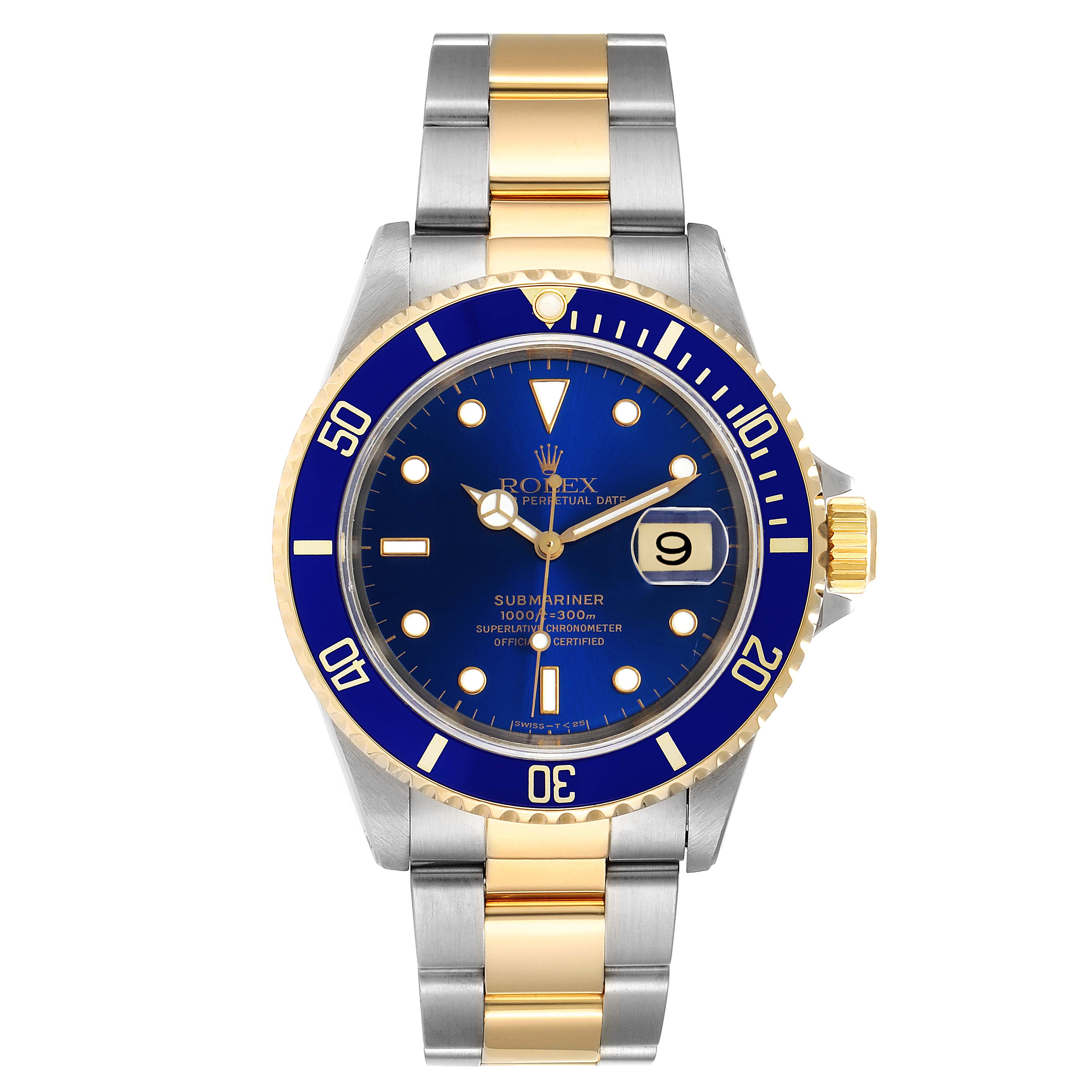 The image shows a straight-on view of a Rolex Submariner 16613 Men's Steel and Gold (two tone) Blue Dial 16613 Men's Steel and Gold (two tone) Blue Dial watch, featuring the dial, bezel, case, and bracelet.