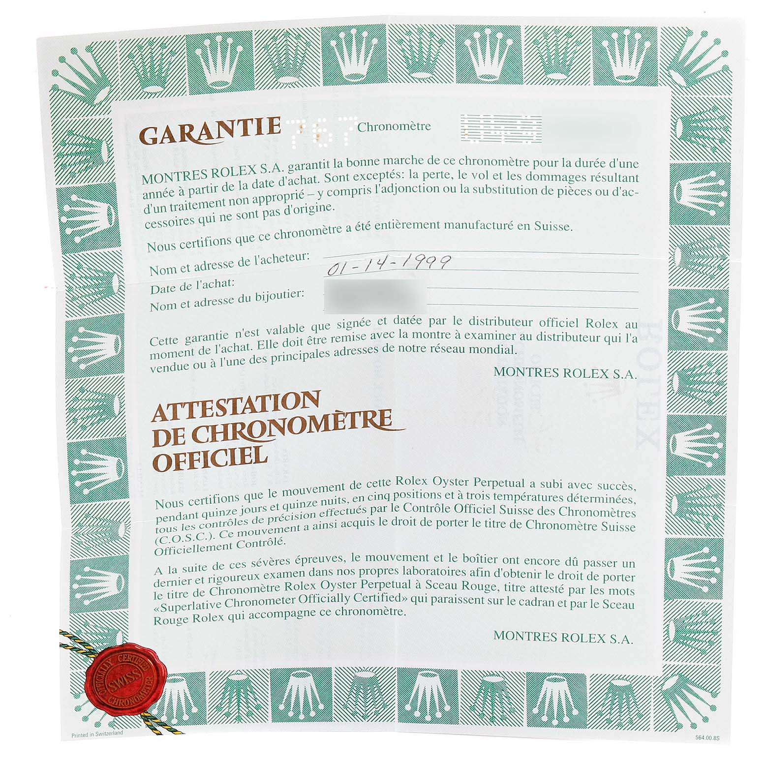 This image shows a Rolex warranty and chronometer certificate for a Submariner model, dated 01-14-1999.