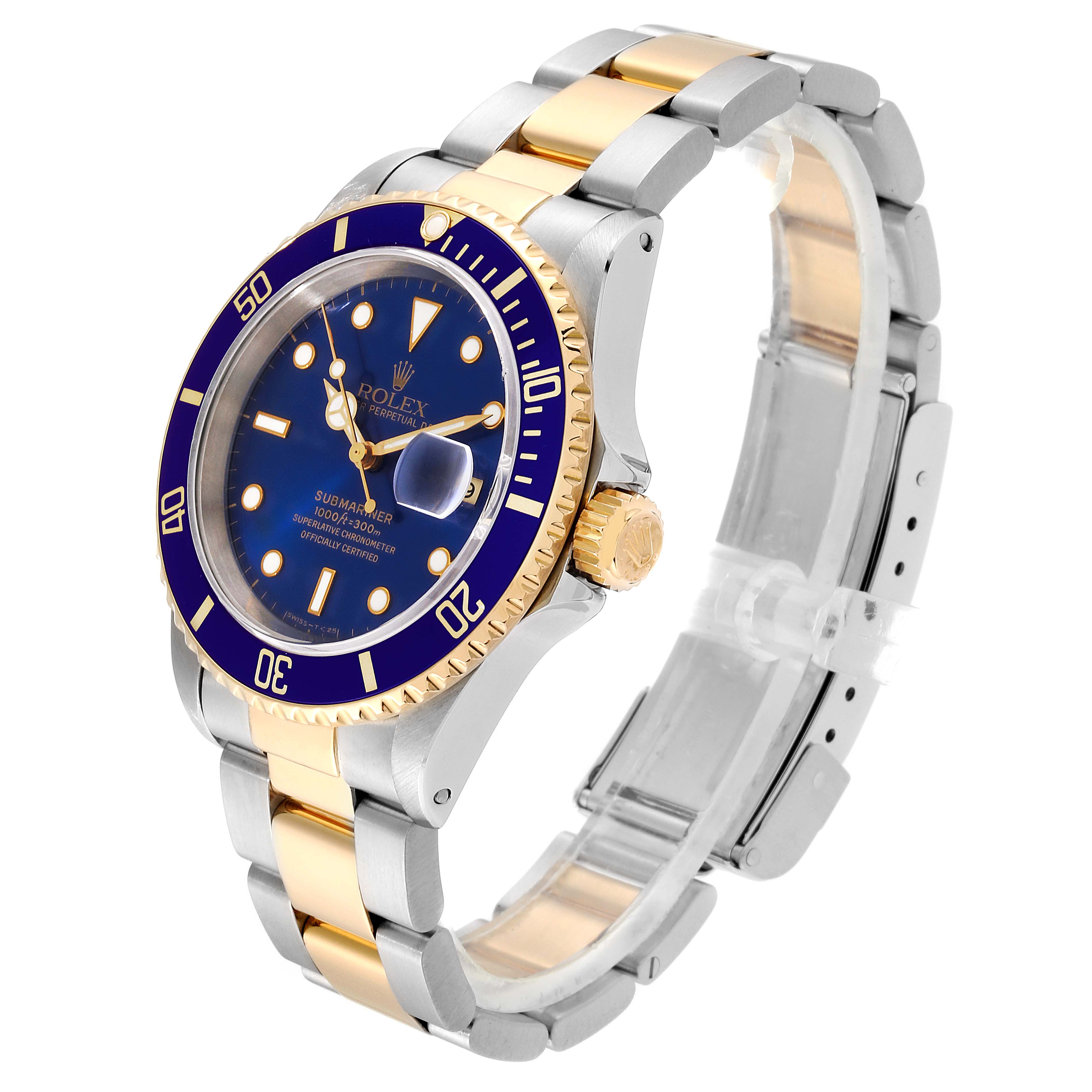 The image shows a Rolex Submariner 16613 Men's Steel and Gold (two tone) Blue Dial 16613 Men's Steel and Gold (two tone) Blue Dial watch at an angle that highlights the face, bezel, and part of the bracelet.